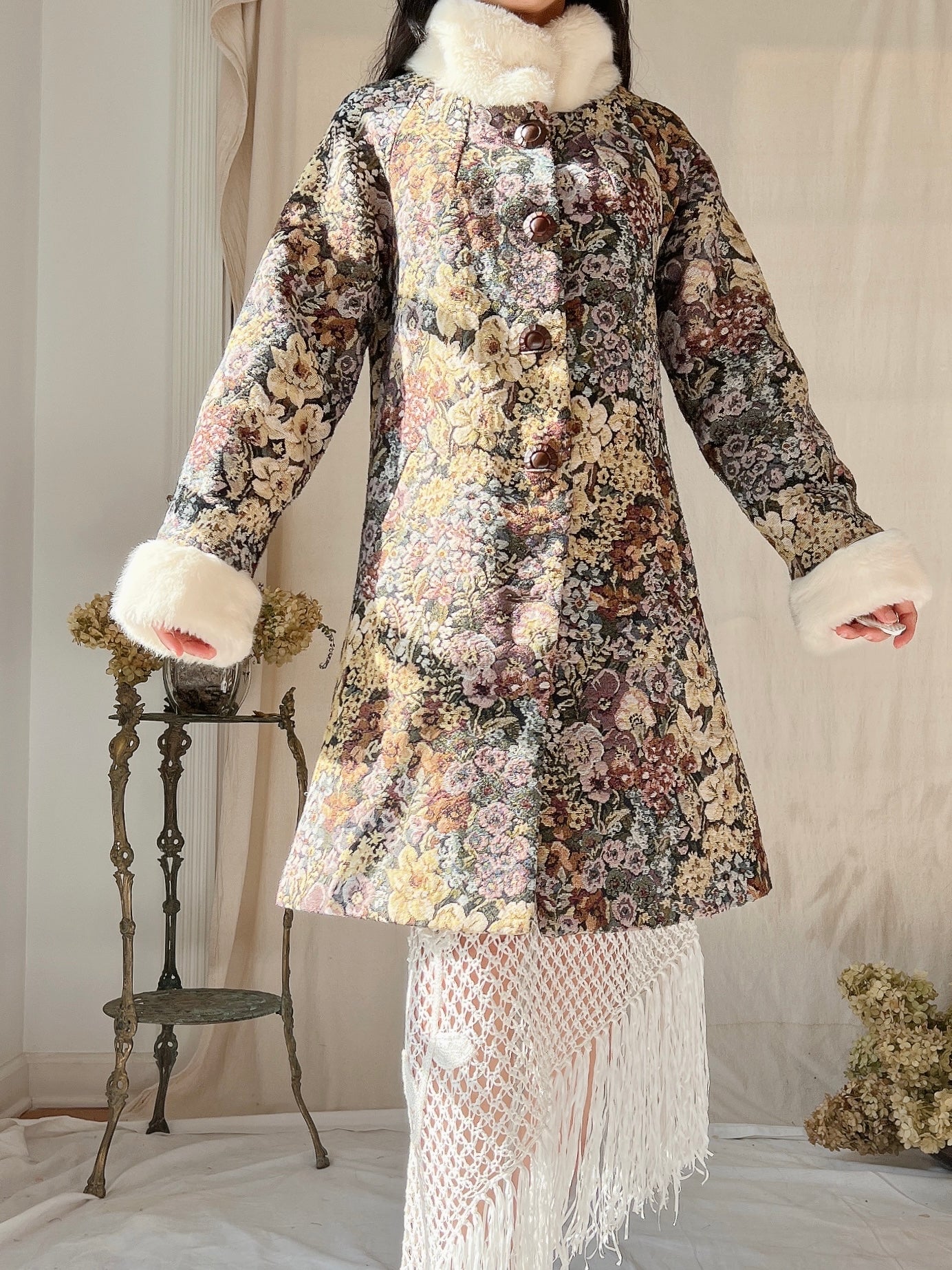 Vintage Tapestry Coat with Faux Fur Trim - S/M