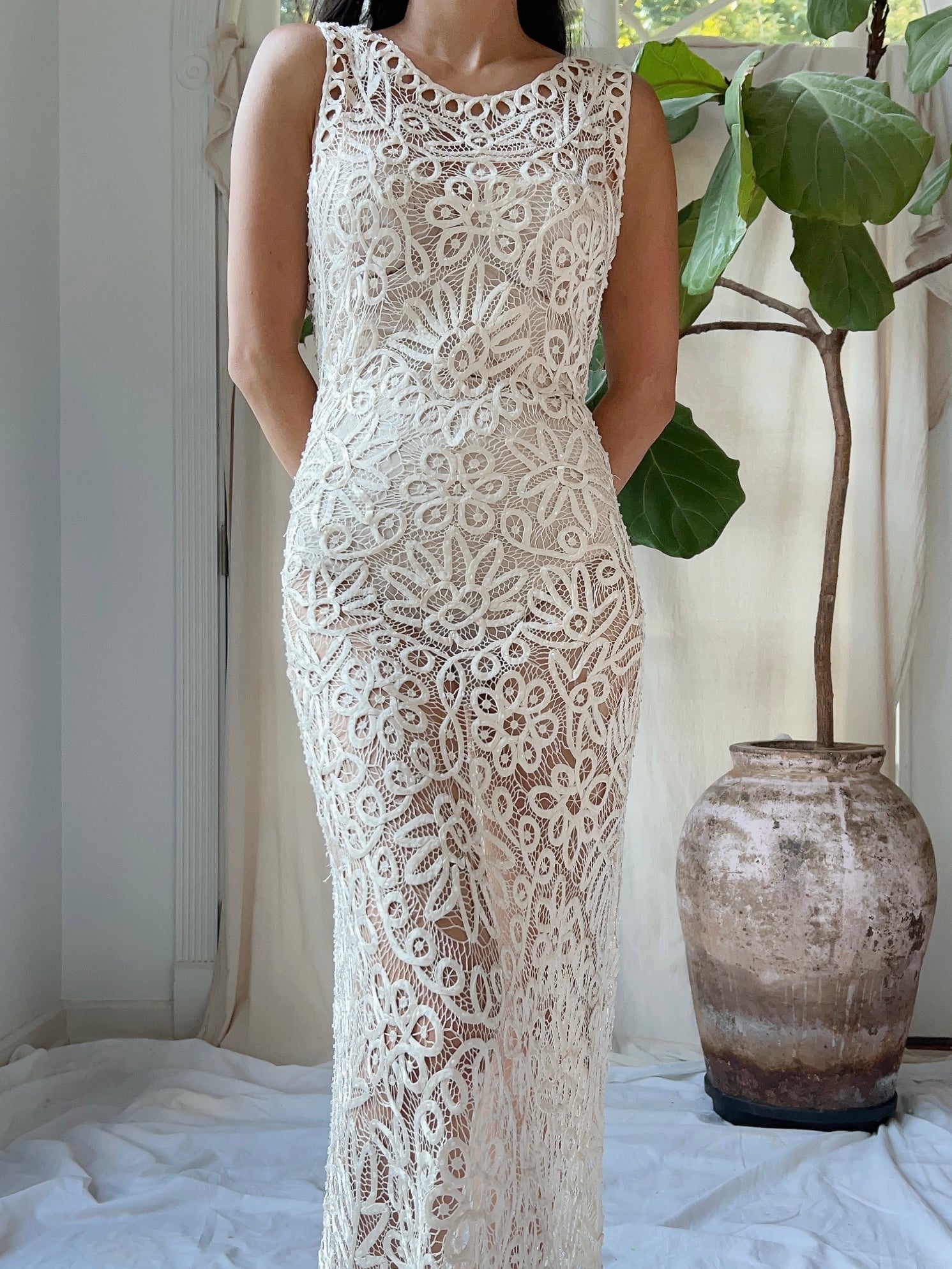 Vintage Ivory Silk Hand Beaded Dress - S/M