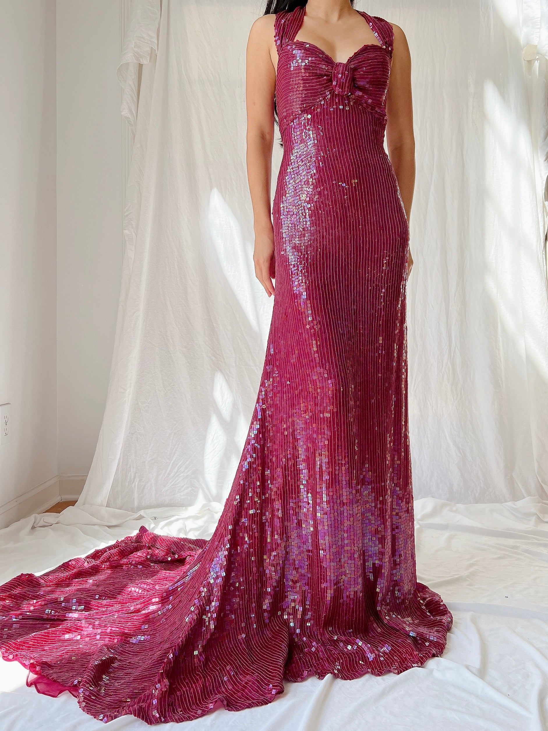Vintage Ruby Silk Sequins Gown - L/US 12