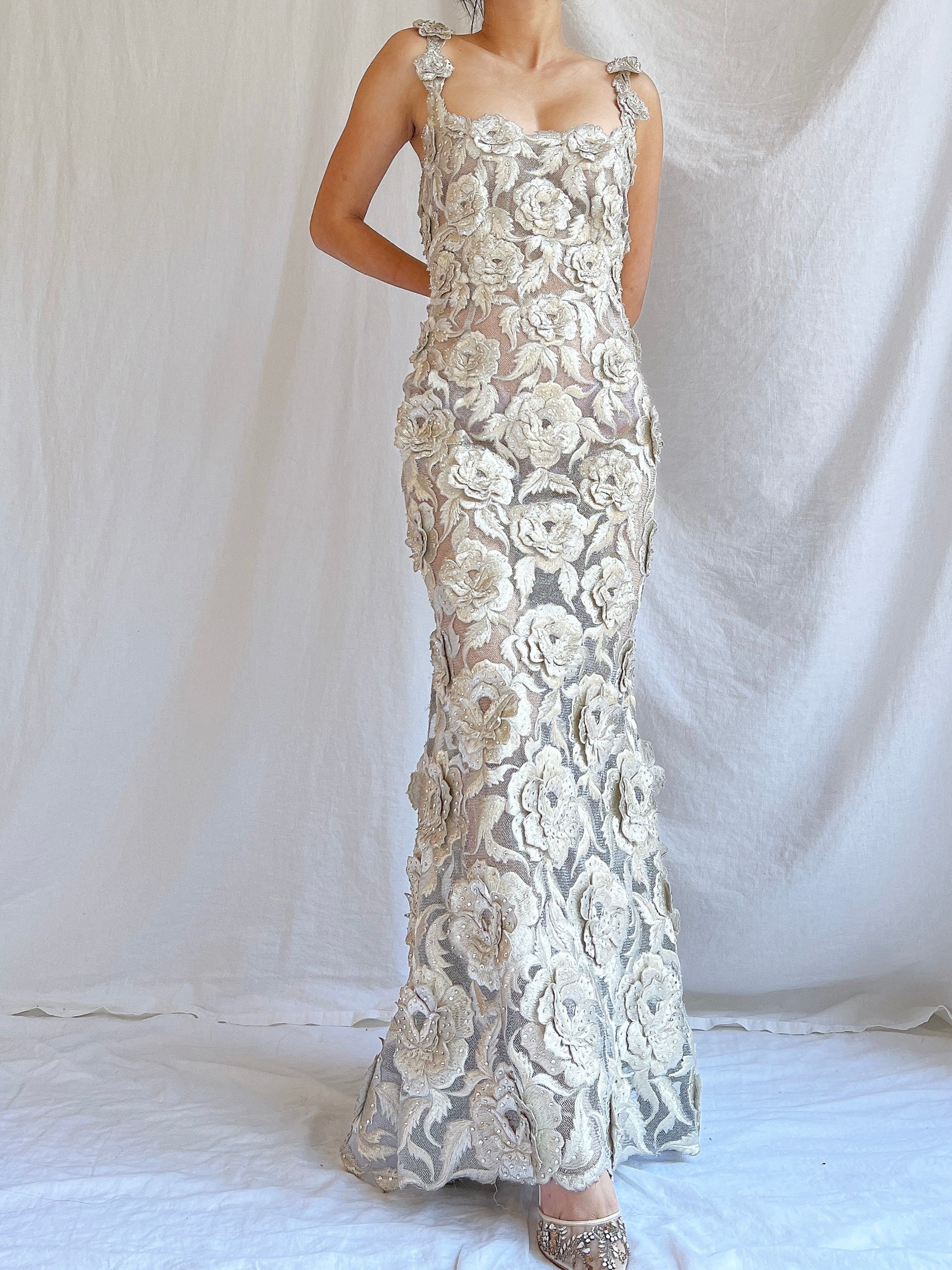 Vintage Fe Zandi Couture Metallic Rose Embroidered Dress - S/4