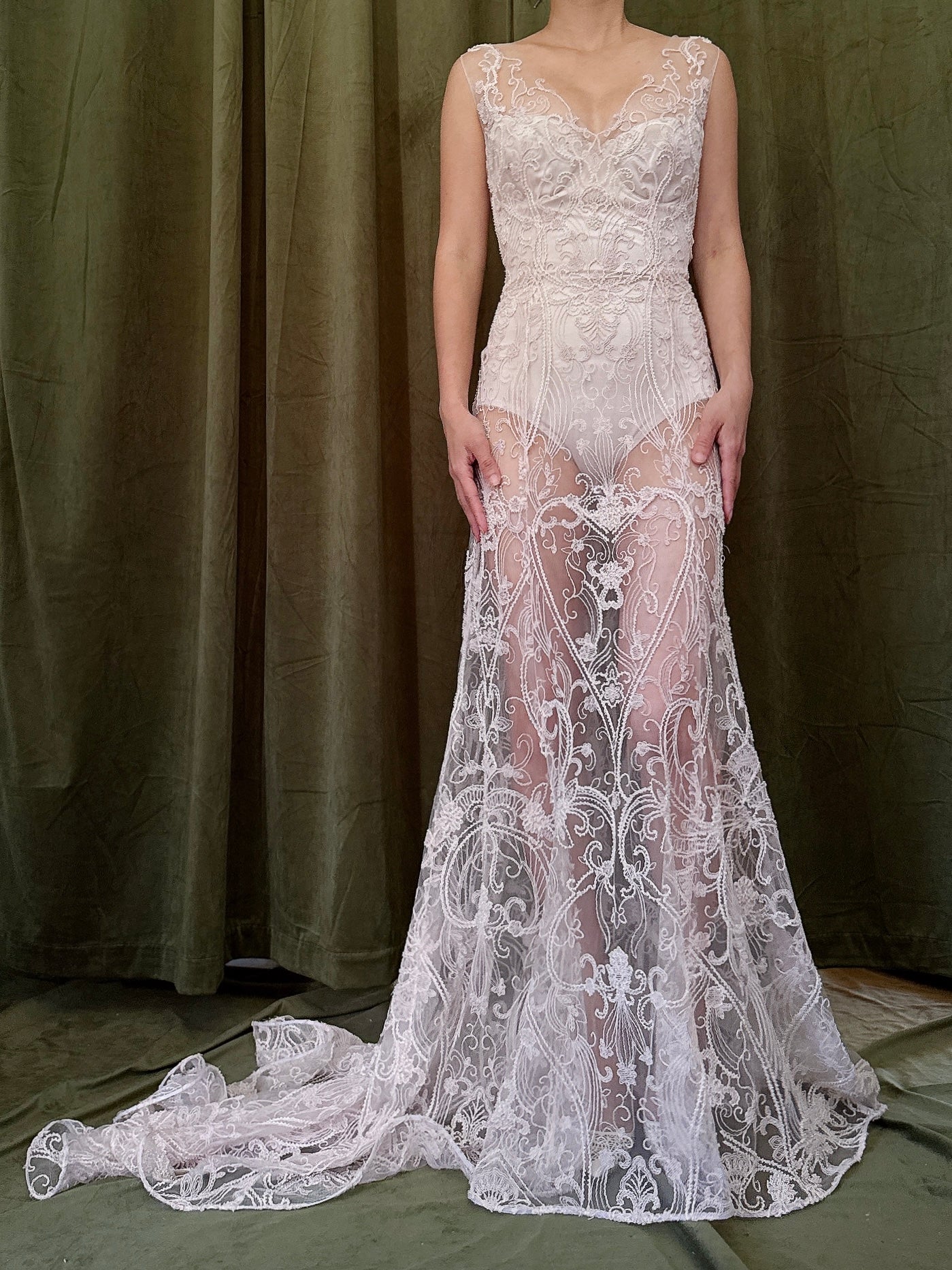 00 Light Pink Sheer Beaded Gown - M