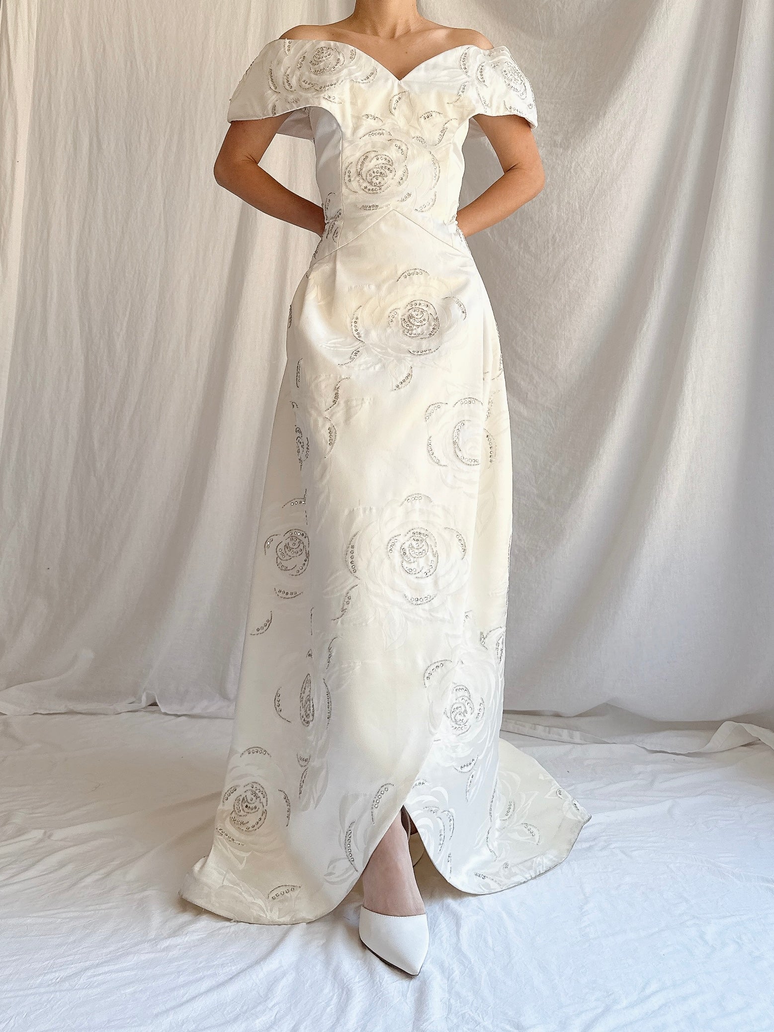 1980s Satin Rhinestone Roses Gown - M/L