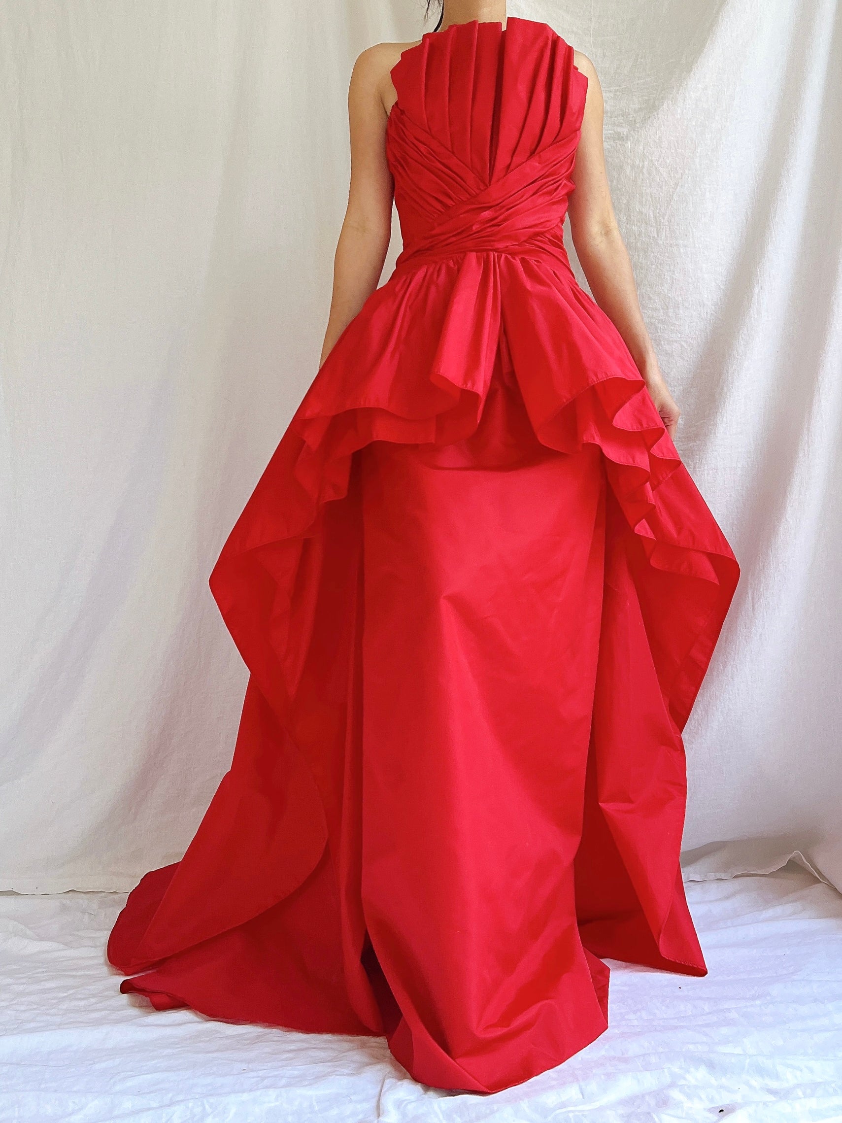 Vintage Victor Costa Rose Red Pleated Column Gown - M