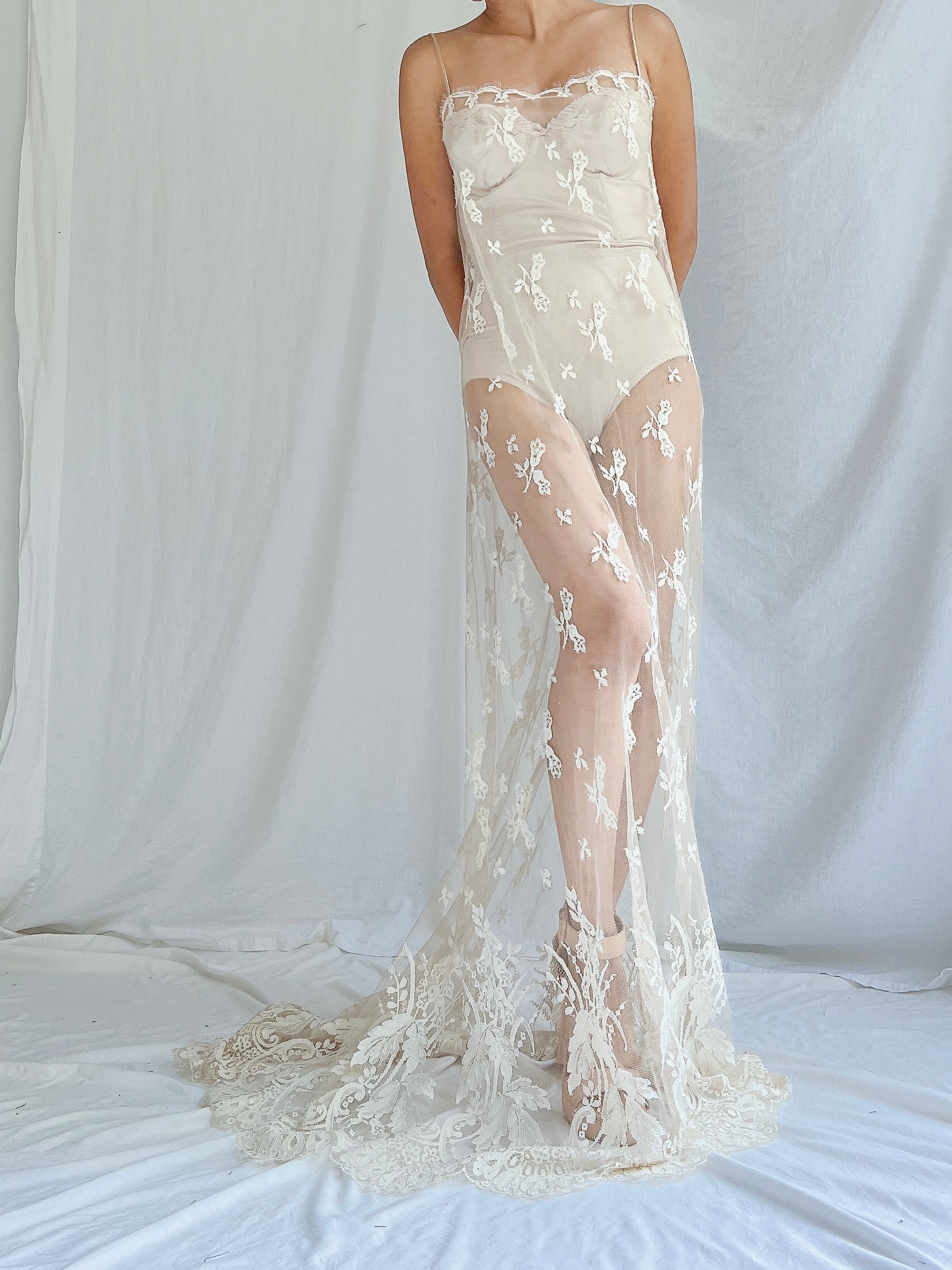 Vintage Ecru Silk Lace Slip Dress - S-M