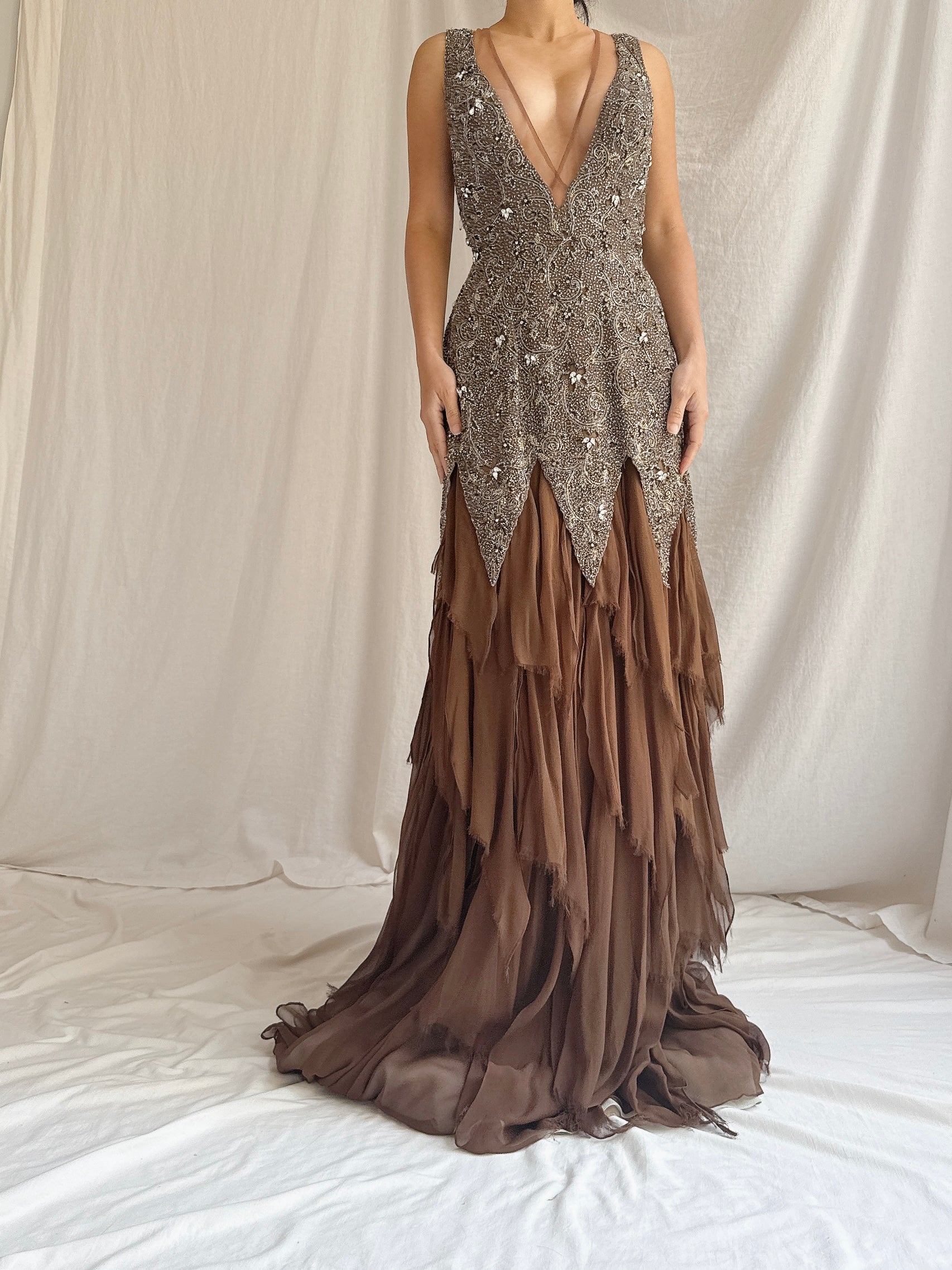 Vintage Stephen Yearrick Silk Raw Hem Beaded Gown - M/6