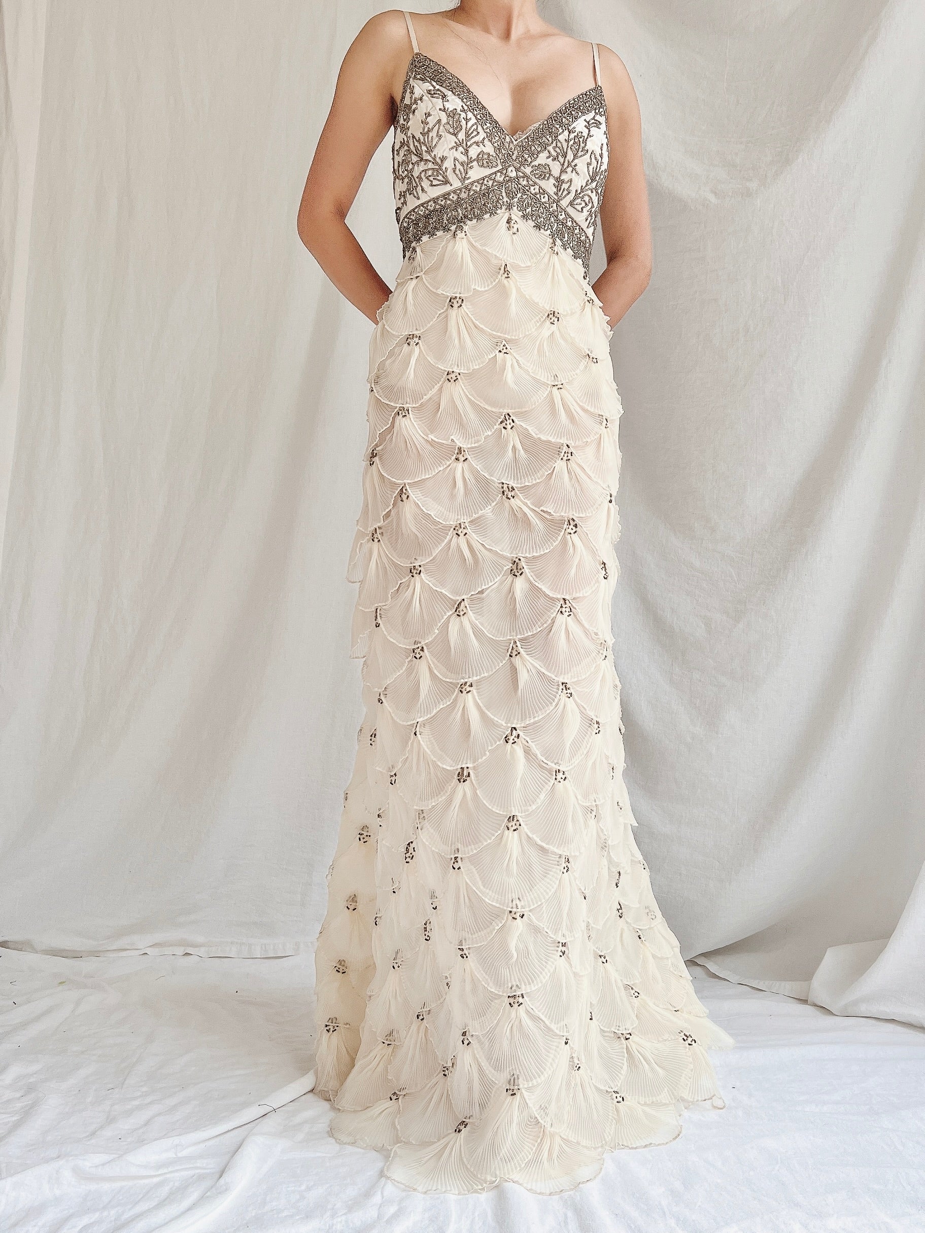Vintage Pleated Petal Beaded Bodice Dress - S (US 4/6)