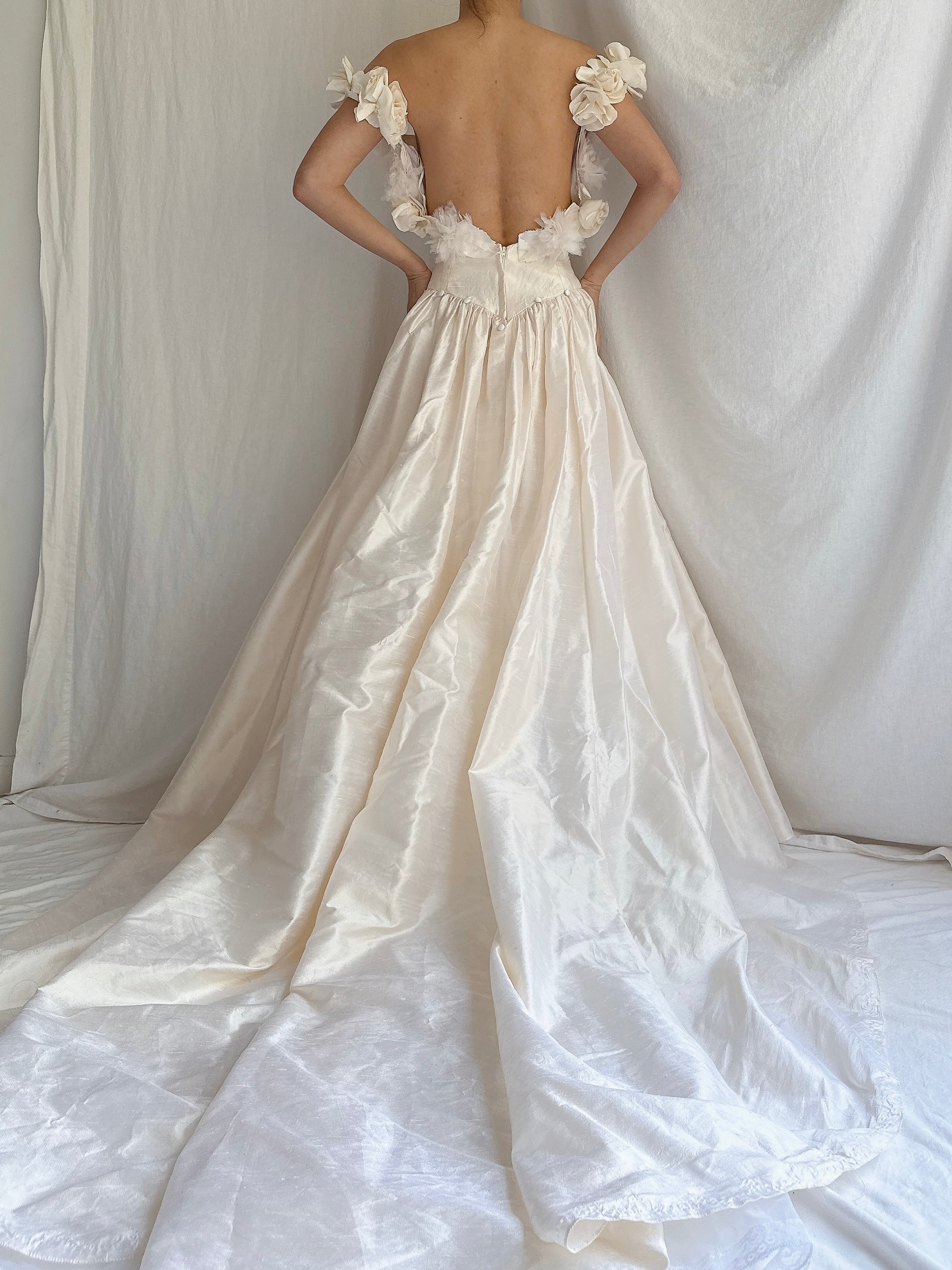 Vintage Silk Low Back Rosette Gown - M