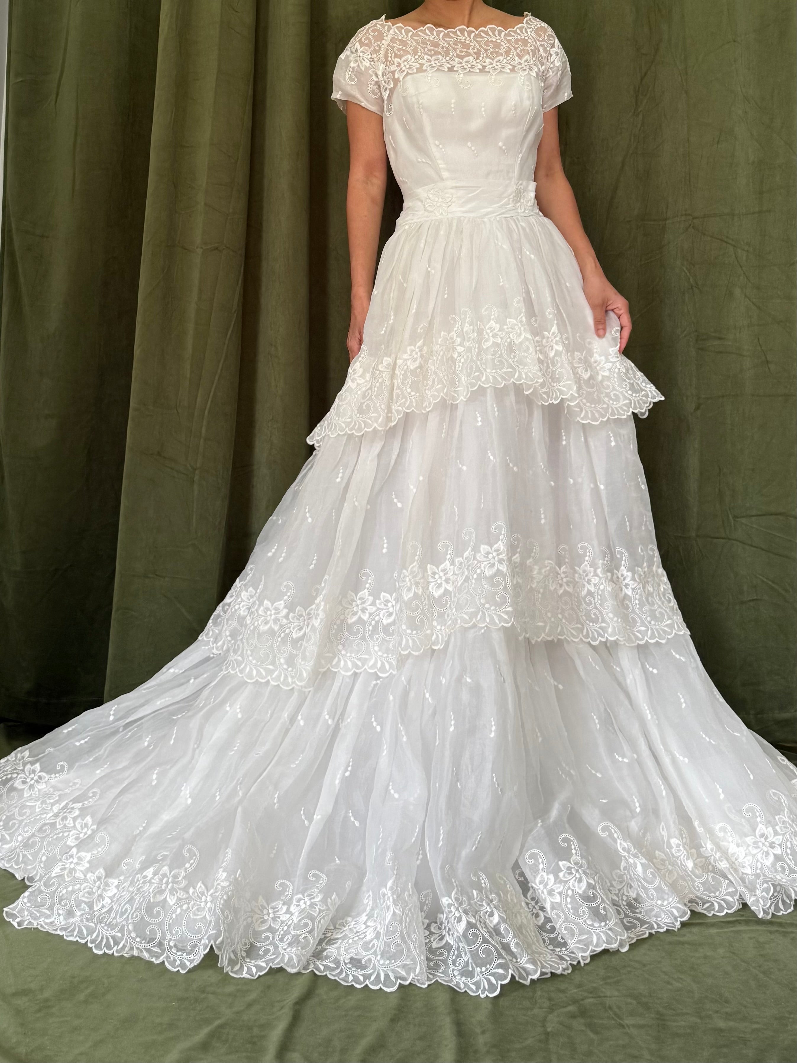 1950s Organdy Tiered Gown - XS