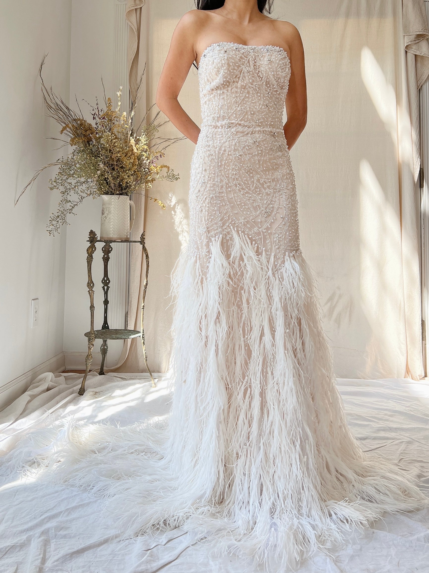 1990s Glass Crystals Ostrich Feather Trained Gown - M