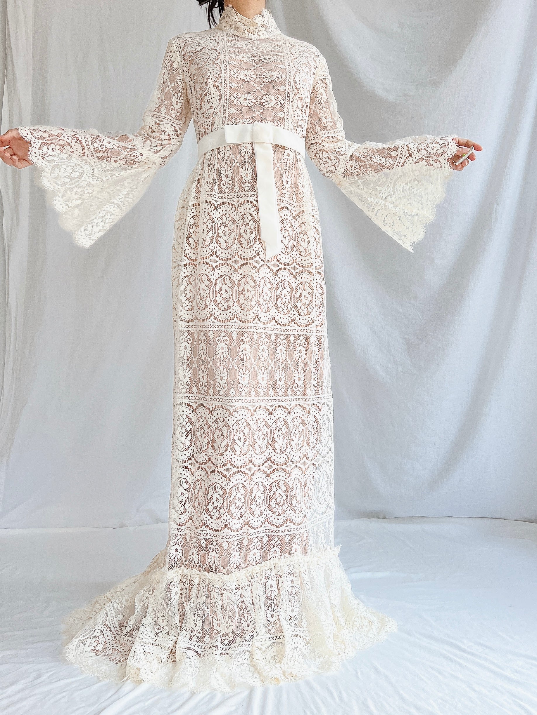 1970s Sheer Filet Lace Gown - M