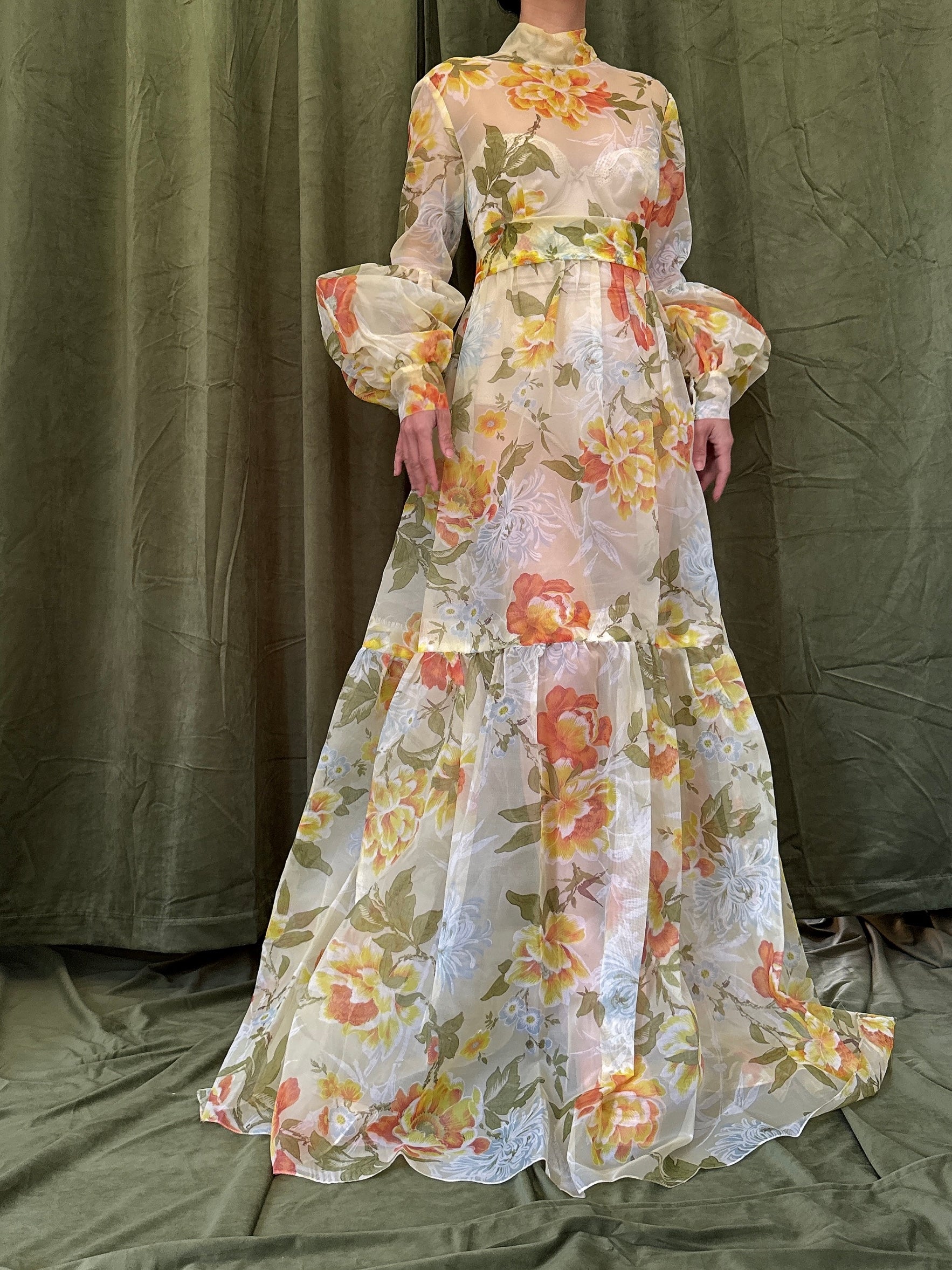 1960s Voile Floral Dress - S