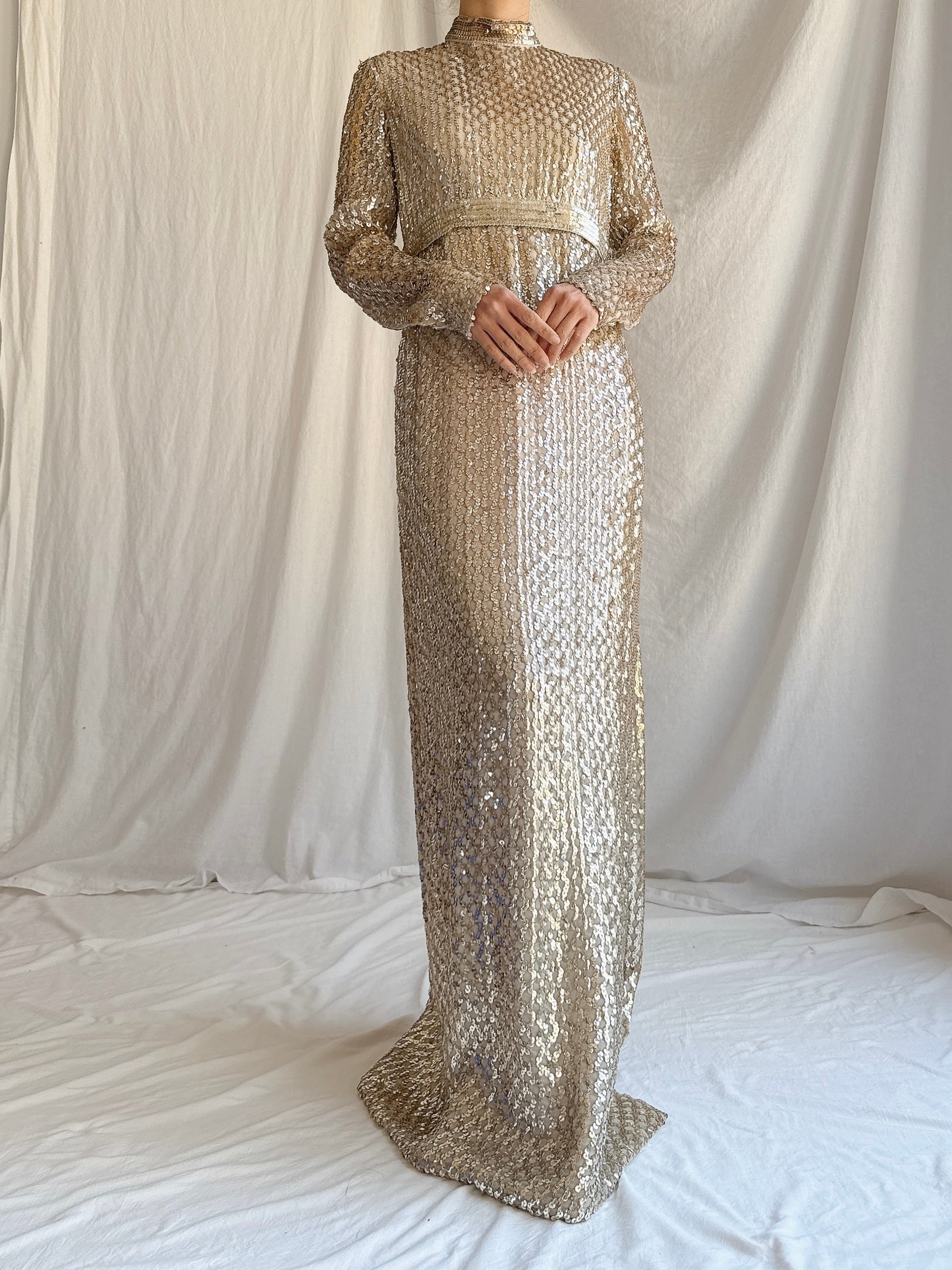 1960s Taupe Sequins Gown Taupe/Gold - S