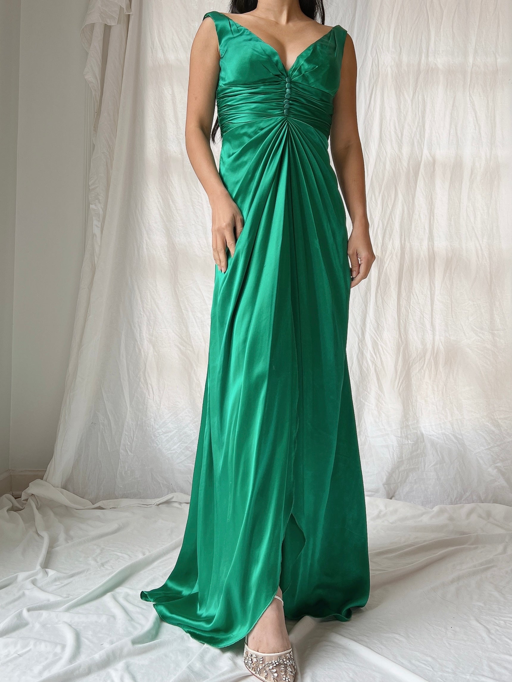 Vintage Emerald Silk Draped Dress - XS/2