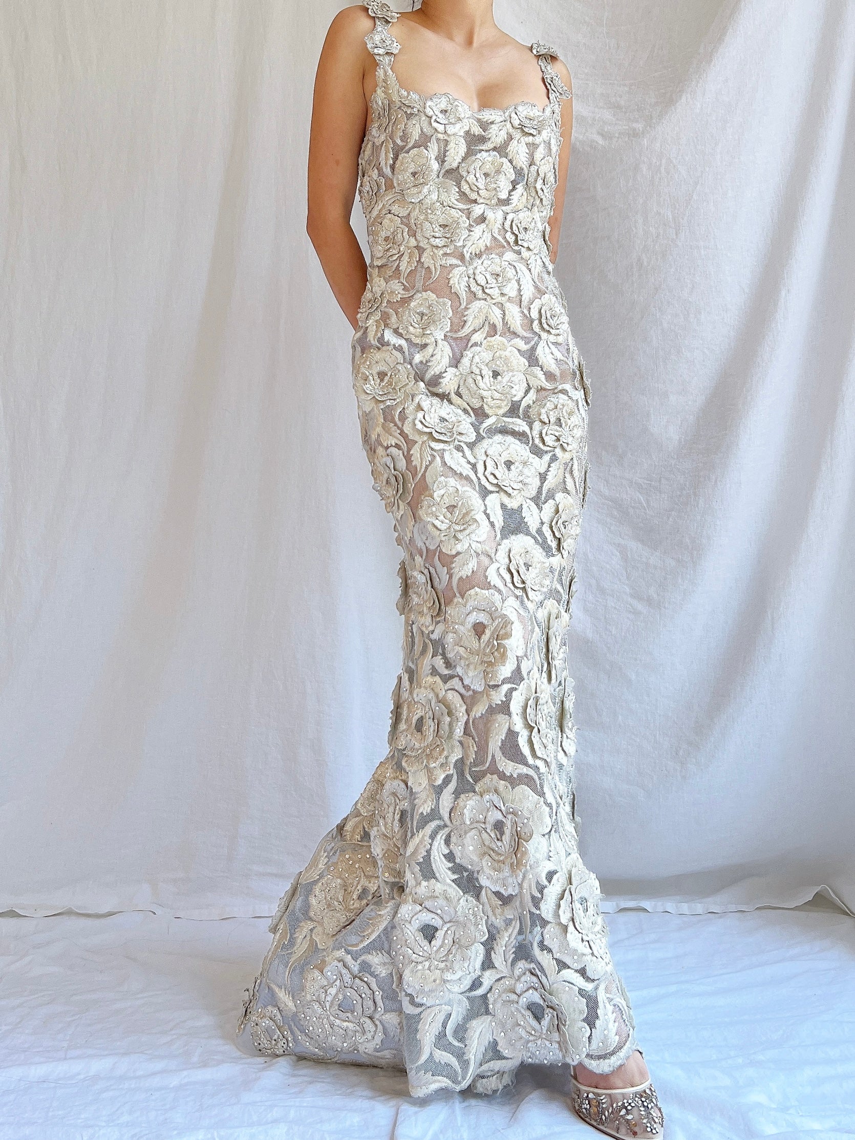 Vintage Fe Zandi Couture Metallic Rose Embroidered Dress - S/4