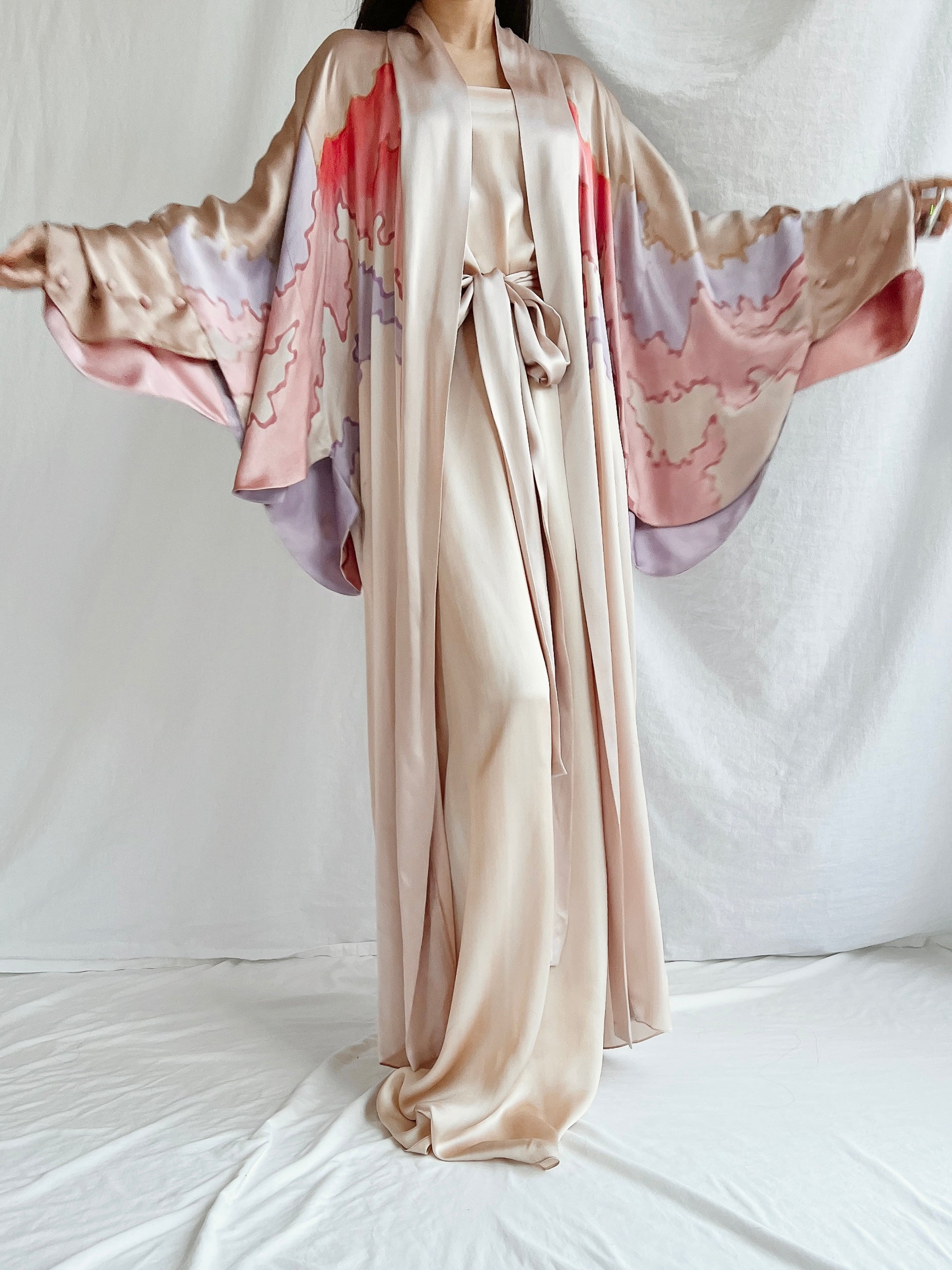 Vintage Silk Painted 2 Piece Gown Set - M/L
