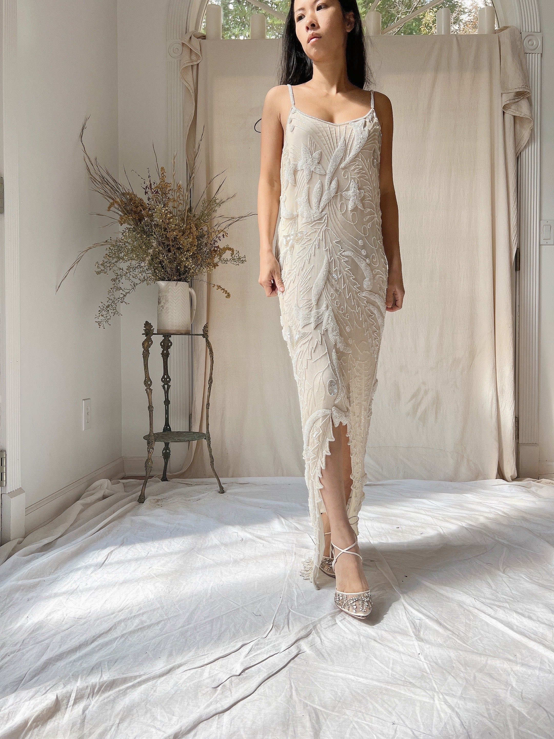 1980s Silk Chiffon Seed Pearls Stars Dress - M