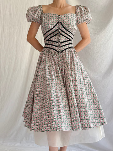 1950s Cotton Puff Sleeves Dress - XS