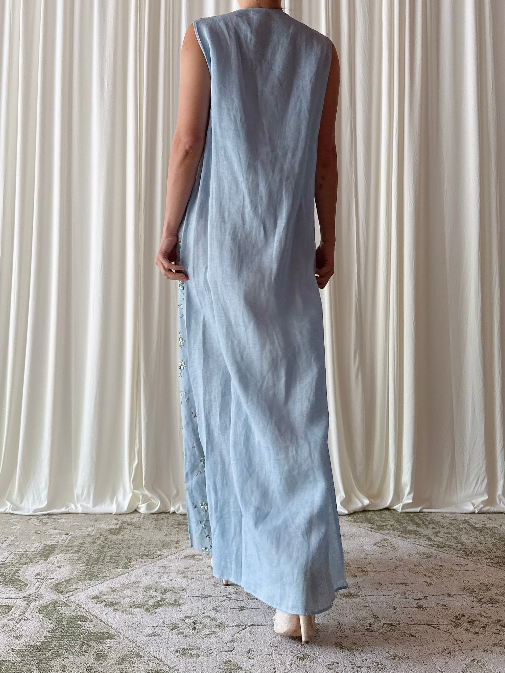 Vintage Blue Linen Embroidered Dress - FR 44