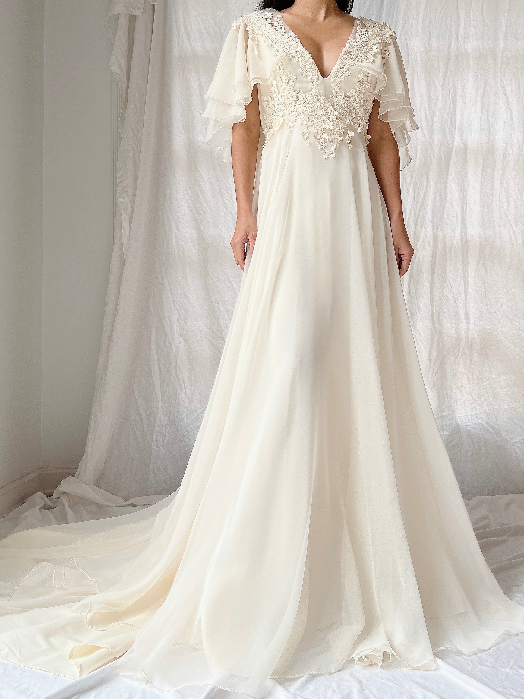 Vintage Flutter Sleeve Chiffon Dress - S/M