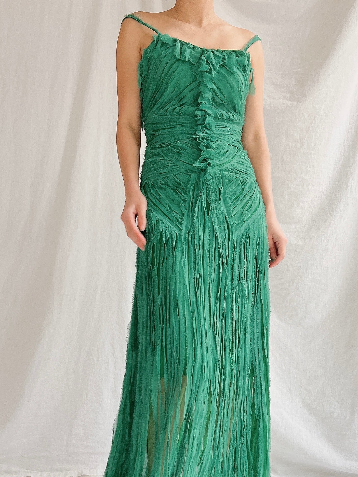 1990s Emerald Silk Fringe Raw Edge Gown - M/L