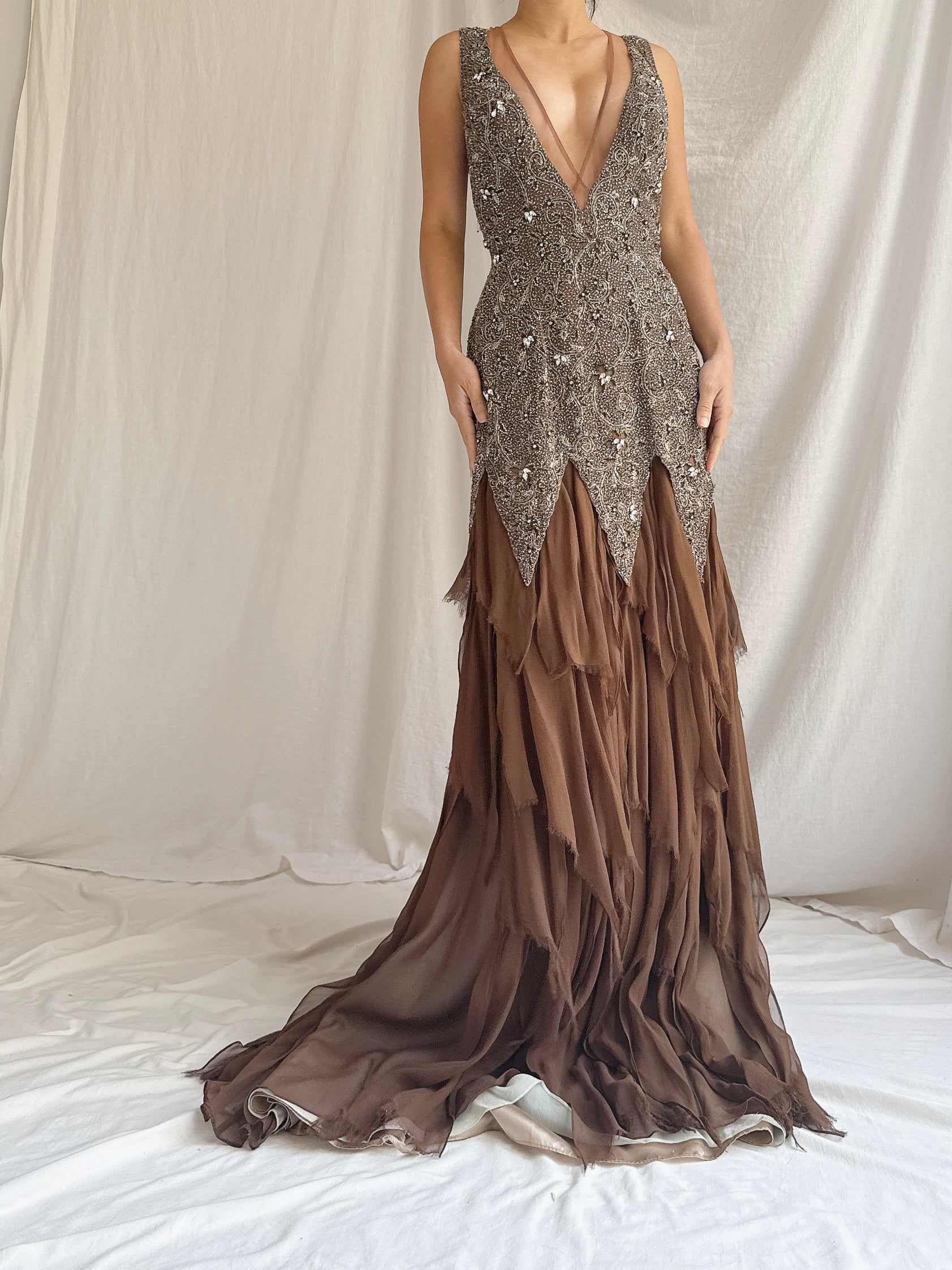 Vintage Stephen Yearrick Silk Raw Hem Beaded Gown - M/6