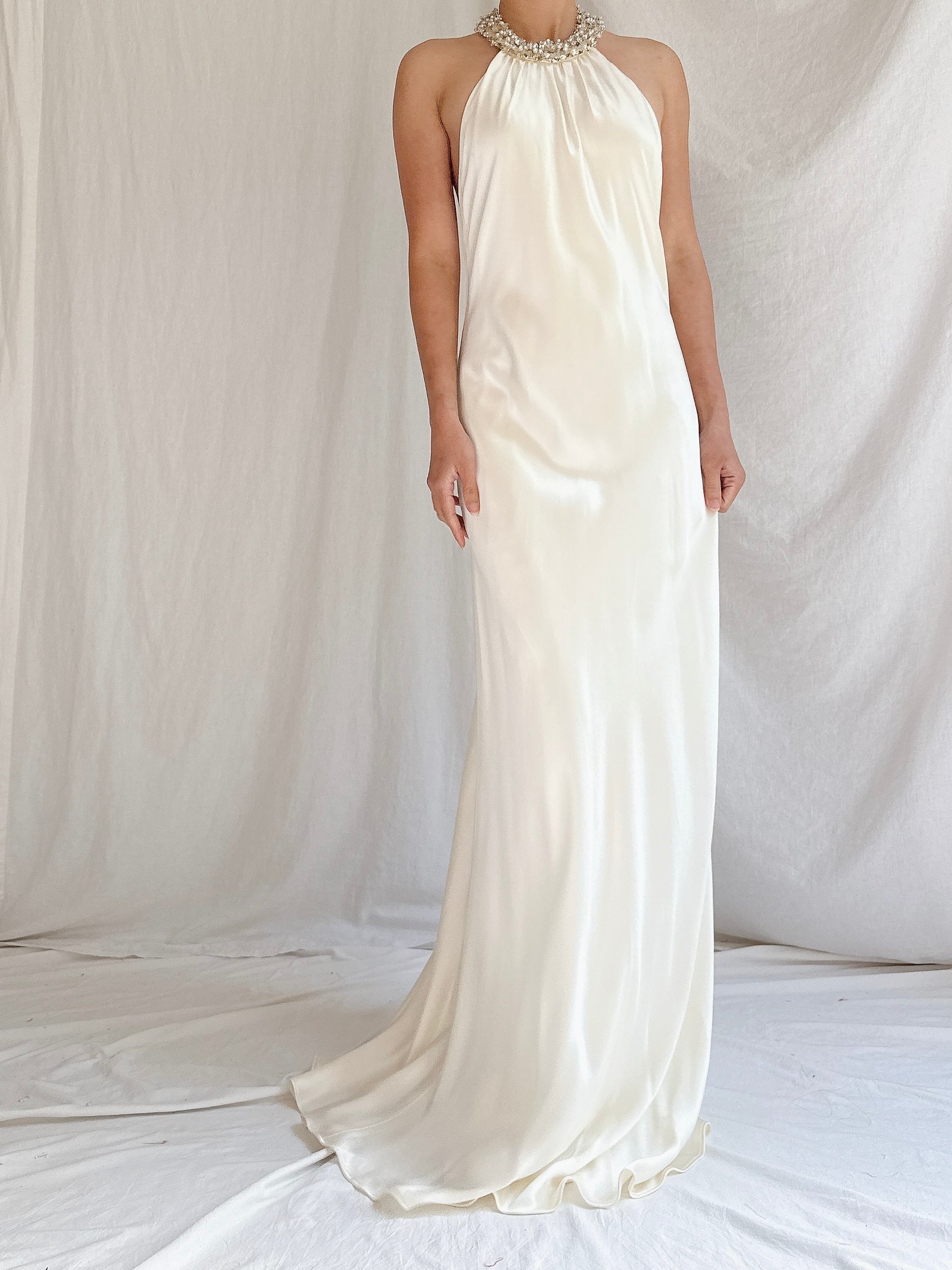 Vintage Satin Beaded Collar Gown - M