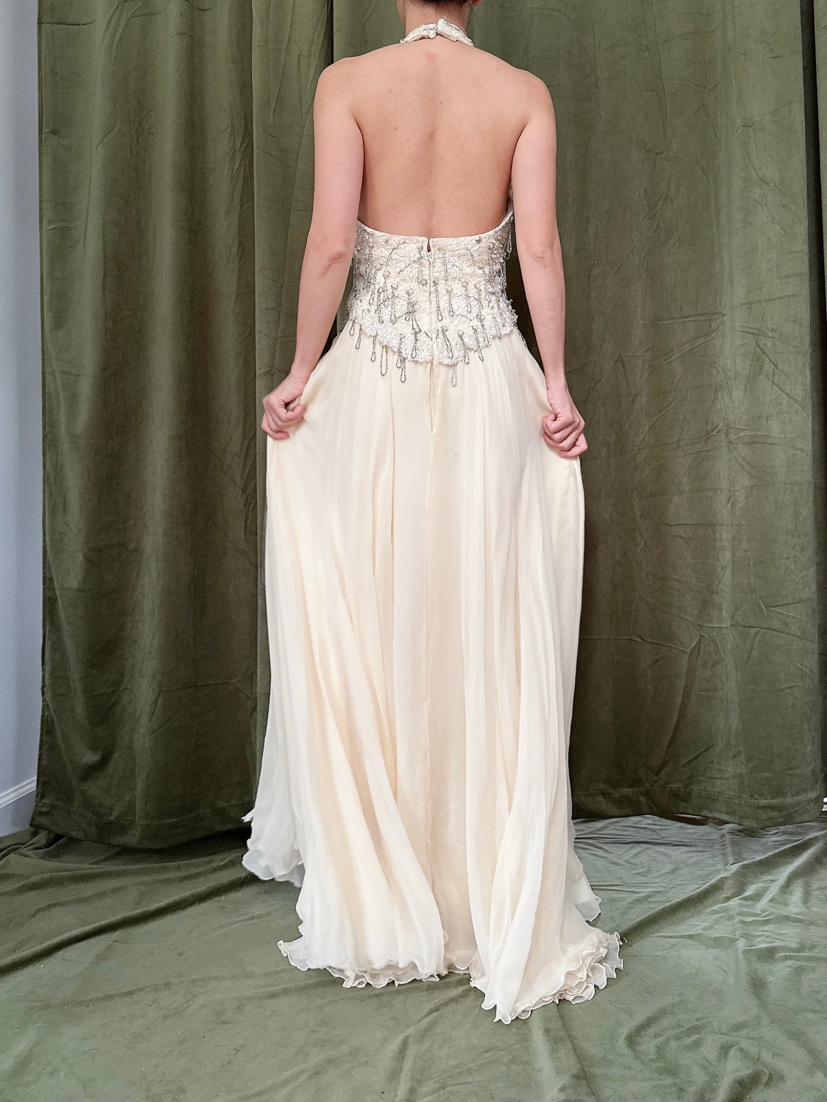 Vintage Silk Halter Chiffon Dress - 27W/34B/58L from shoulder