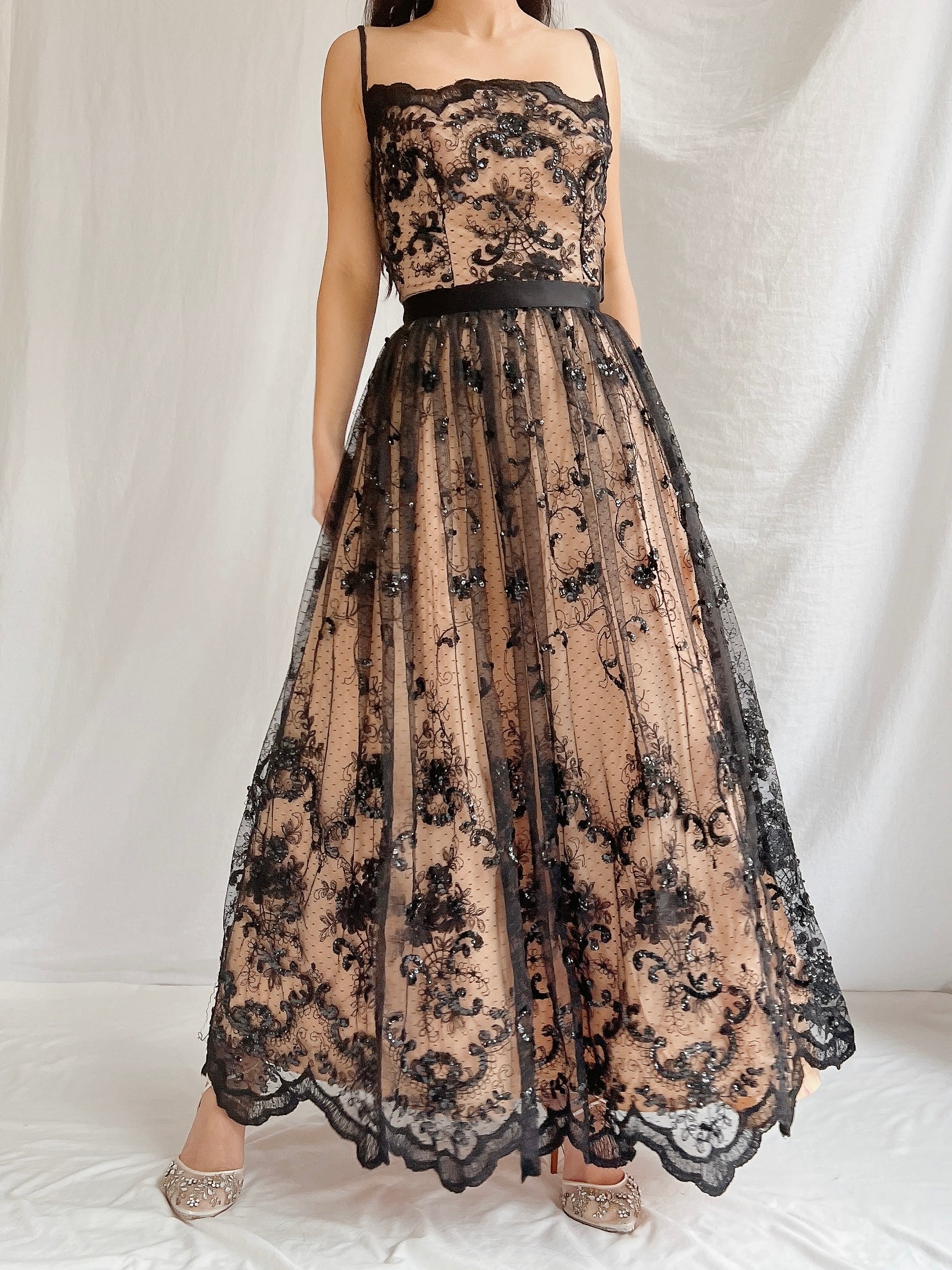 Vintage Nude and Black Lace Dress - S