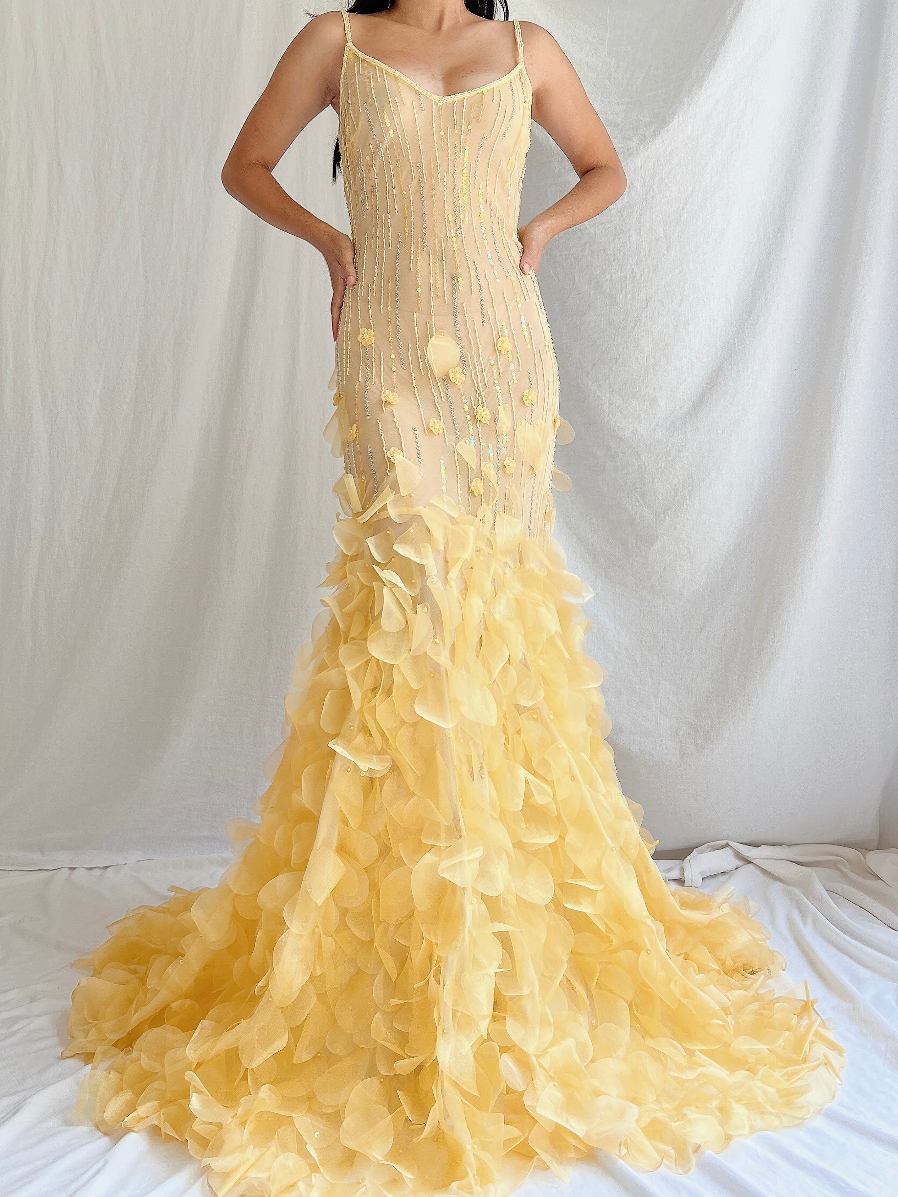 Vintage Canary Silk Petal Dress - S/M