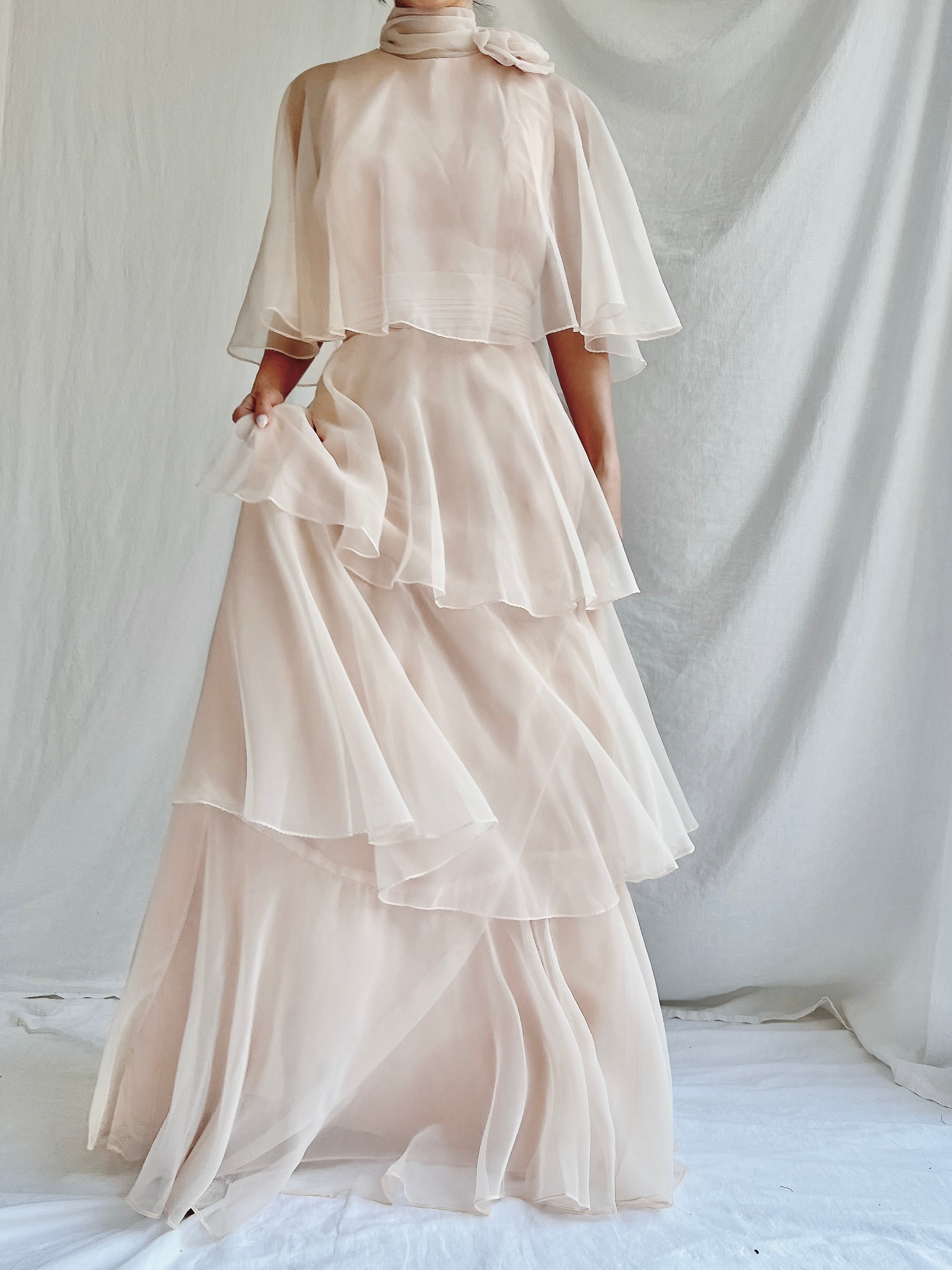 Vintage Almond Tiered Chiffon Dress - S/4