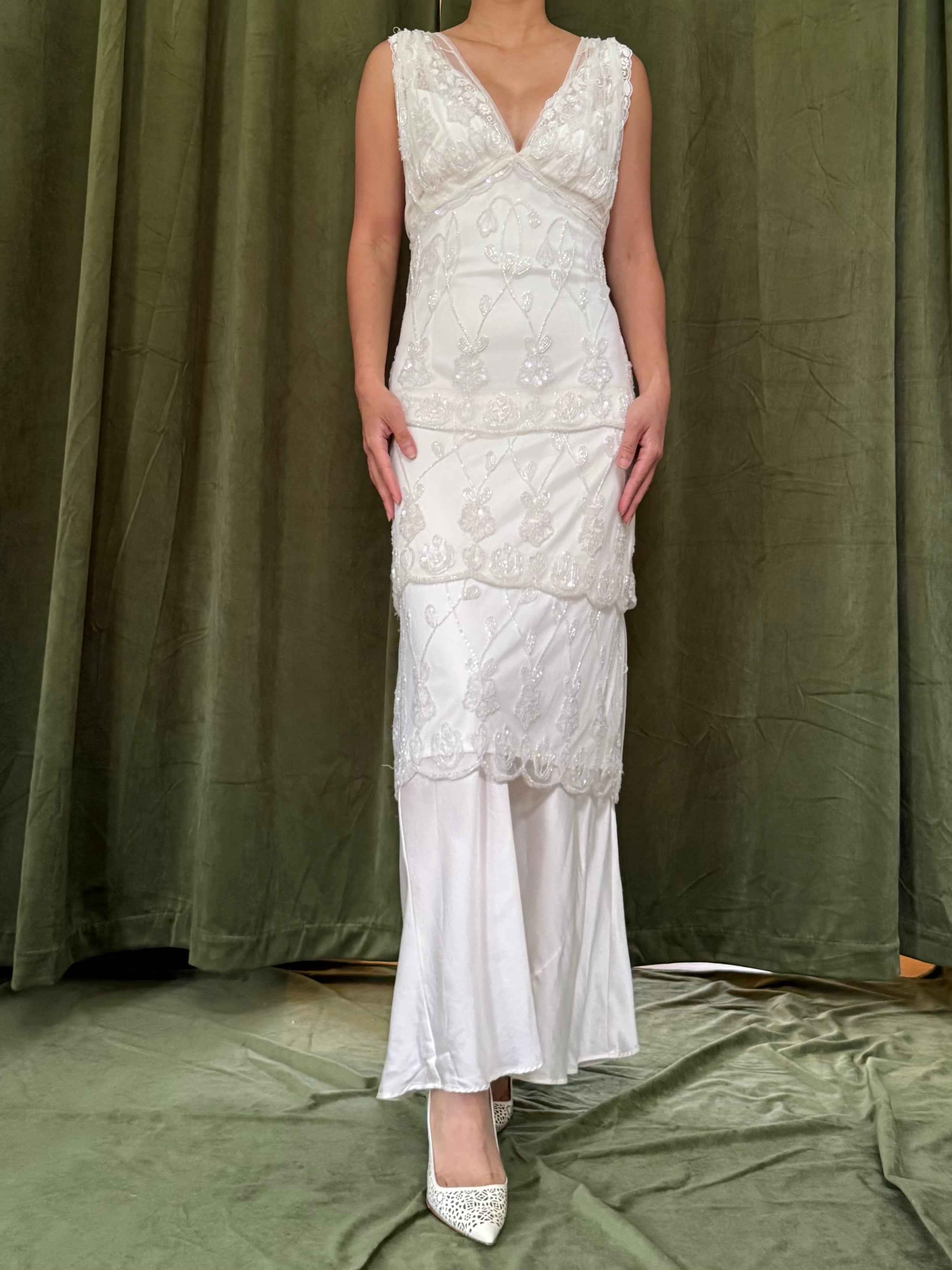 Vintage Ivory Beaded Tiered Dress - M/L/10
