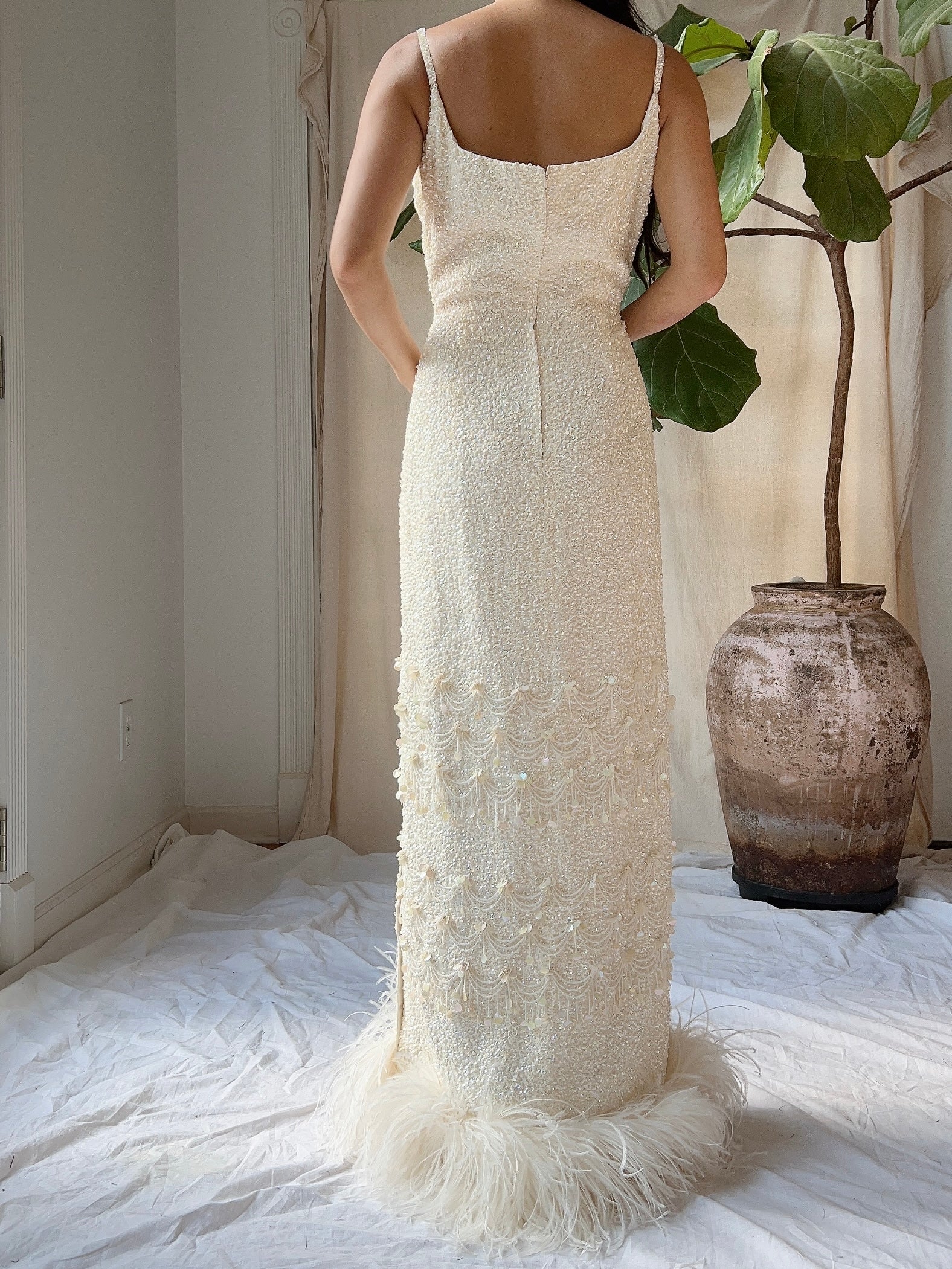 1960s Sequins Feather Hem Gown - SM