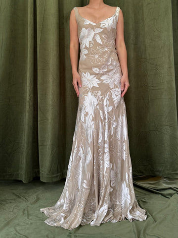 1990s Taupe Burnout Rayon Gown - M