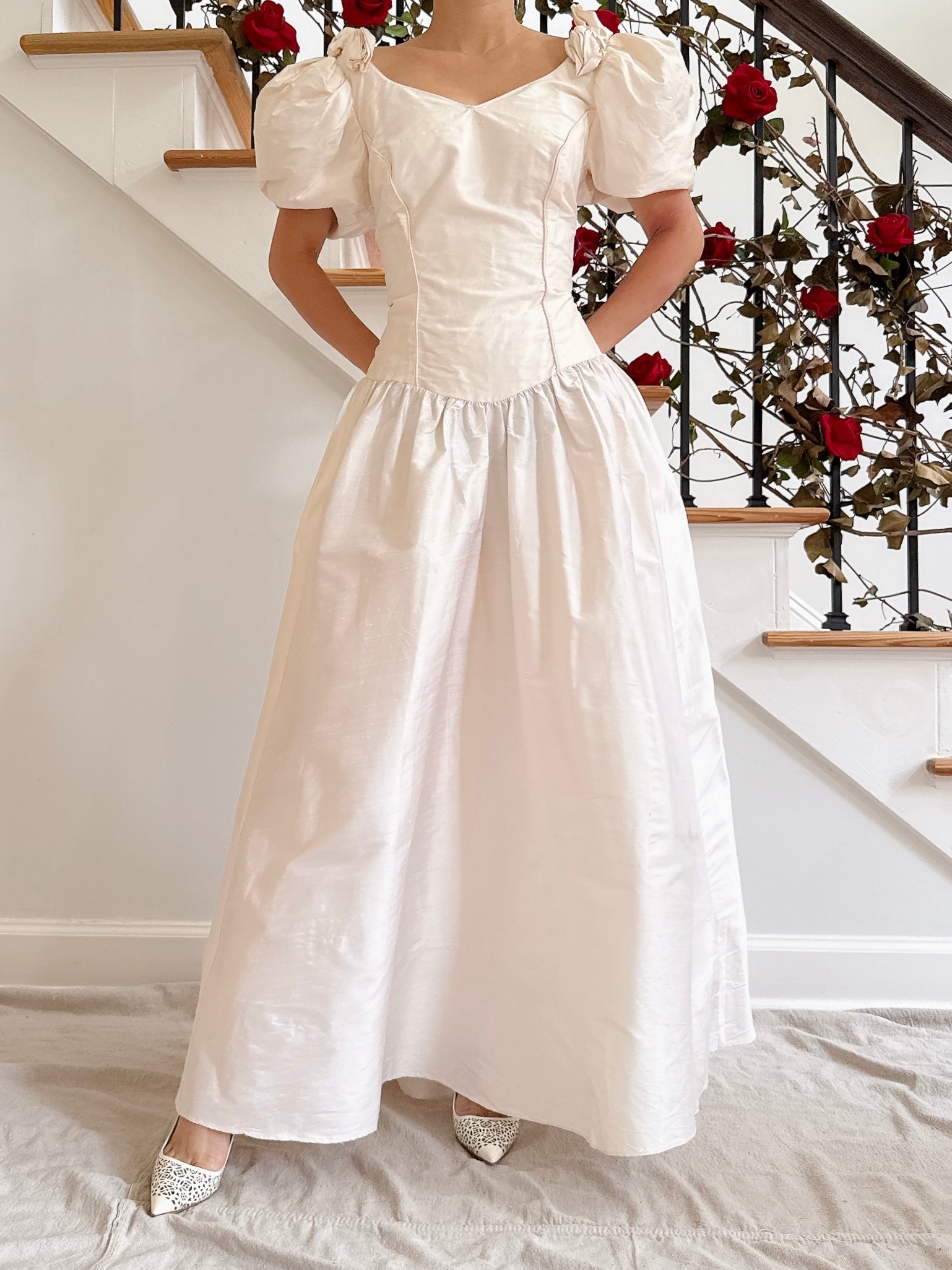 Vintage Puff Sleeve Raw Silk Dress - 34B/28W/53L