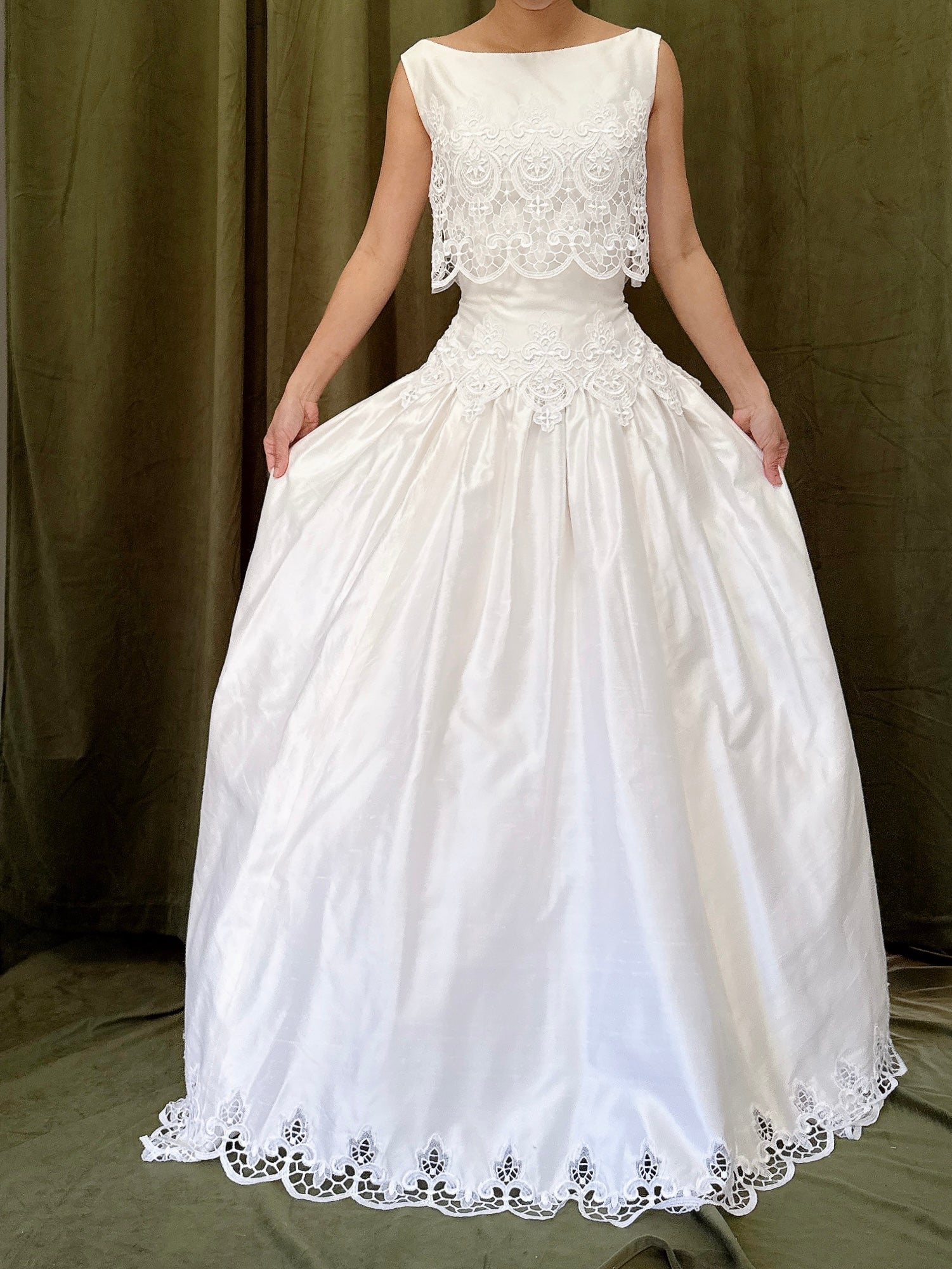 RESERVED for Cheyenne Payment 1/2 Vintage Raw Silk Embroidered Cutout Gown - S/4