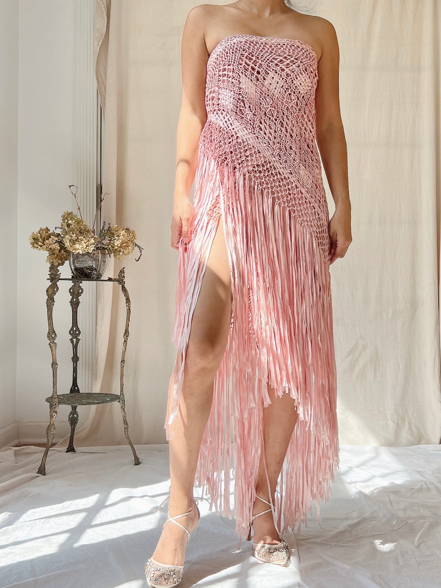Vintage Silk Fringe Crochet Shawl - OSFM
