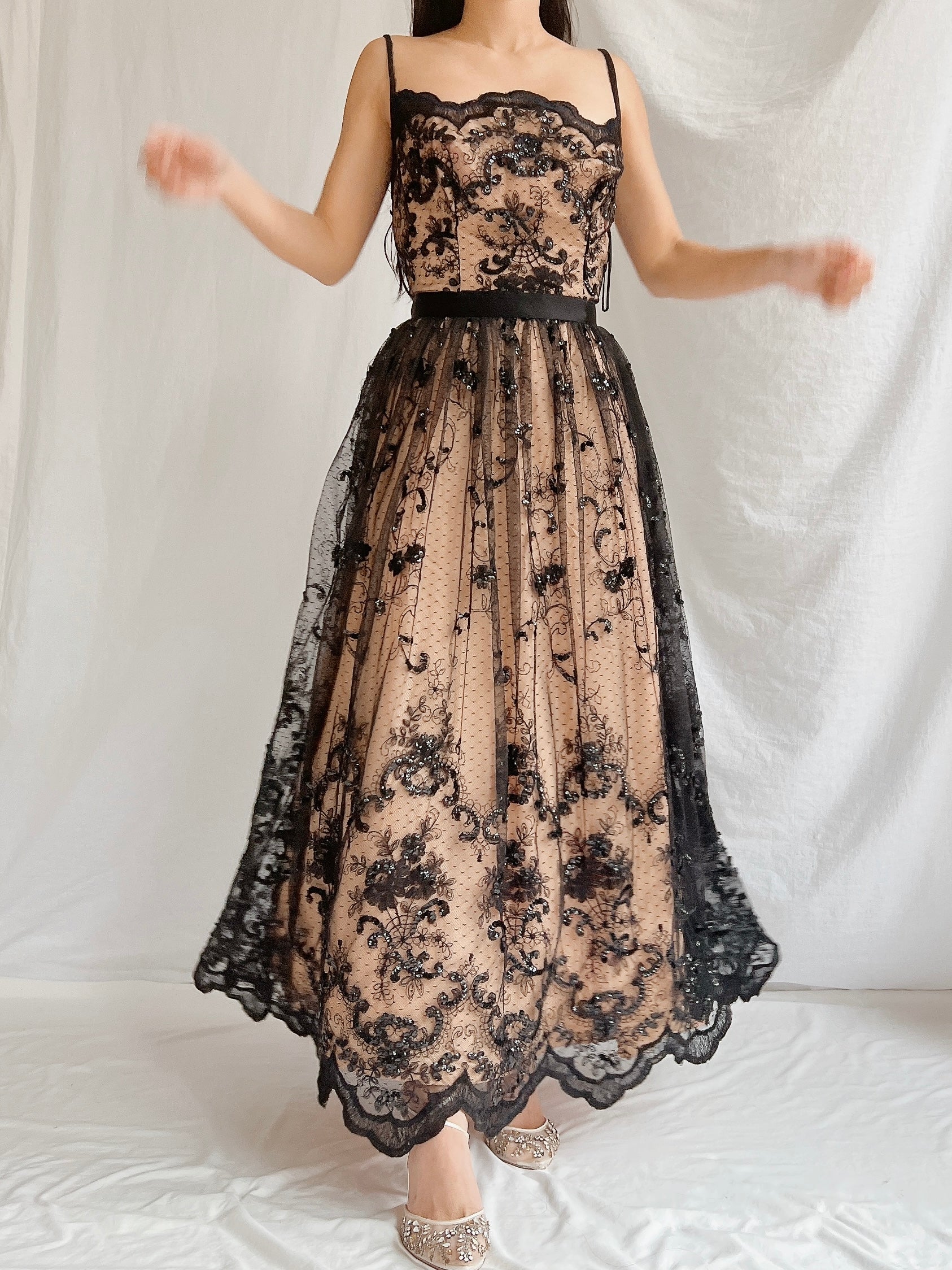 Vintage Nude and Black Lace Dress - S