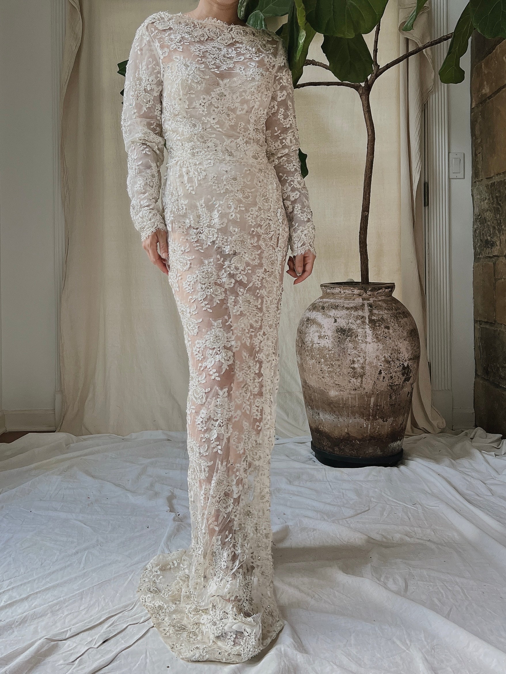 Vintage Silk Lace Beaded Gown - S