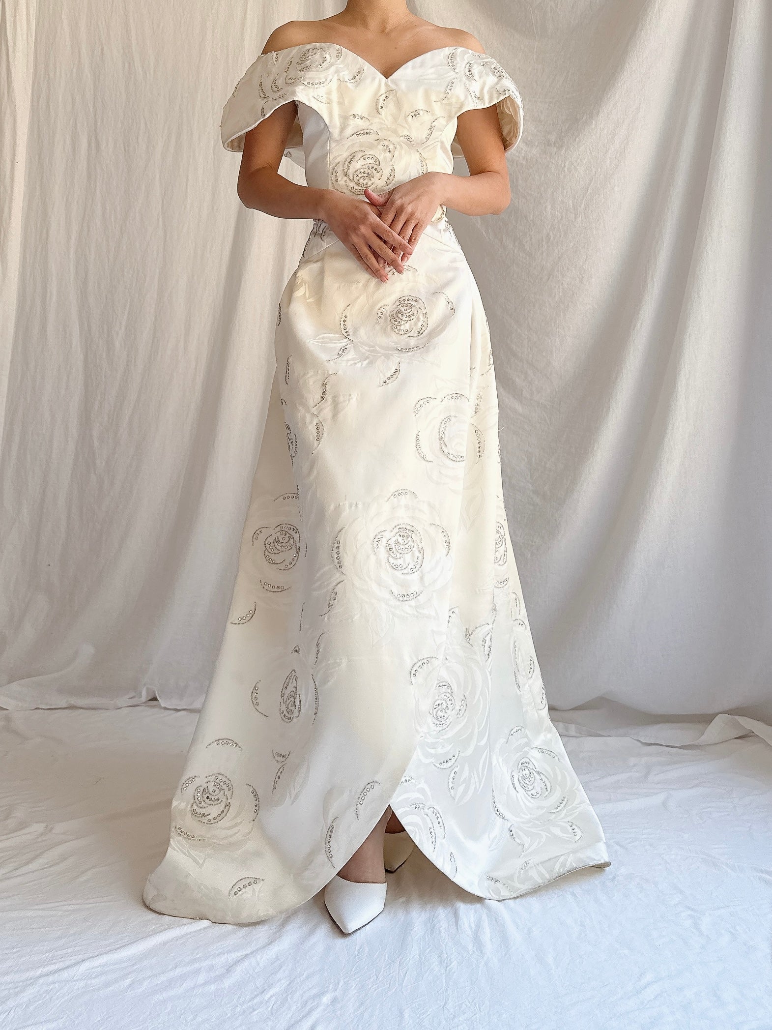 1980s Satin Rhinestone Roses Gown - M/L