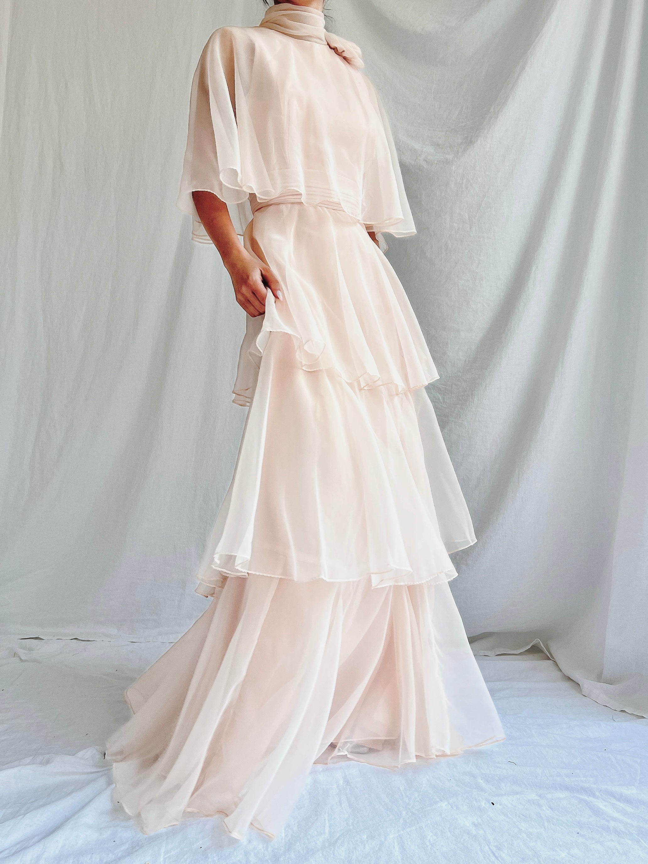 Vintage Almond Tiered Chiffon Dress - S/4