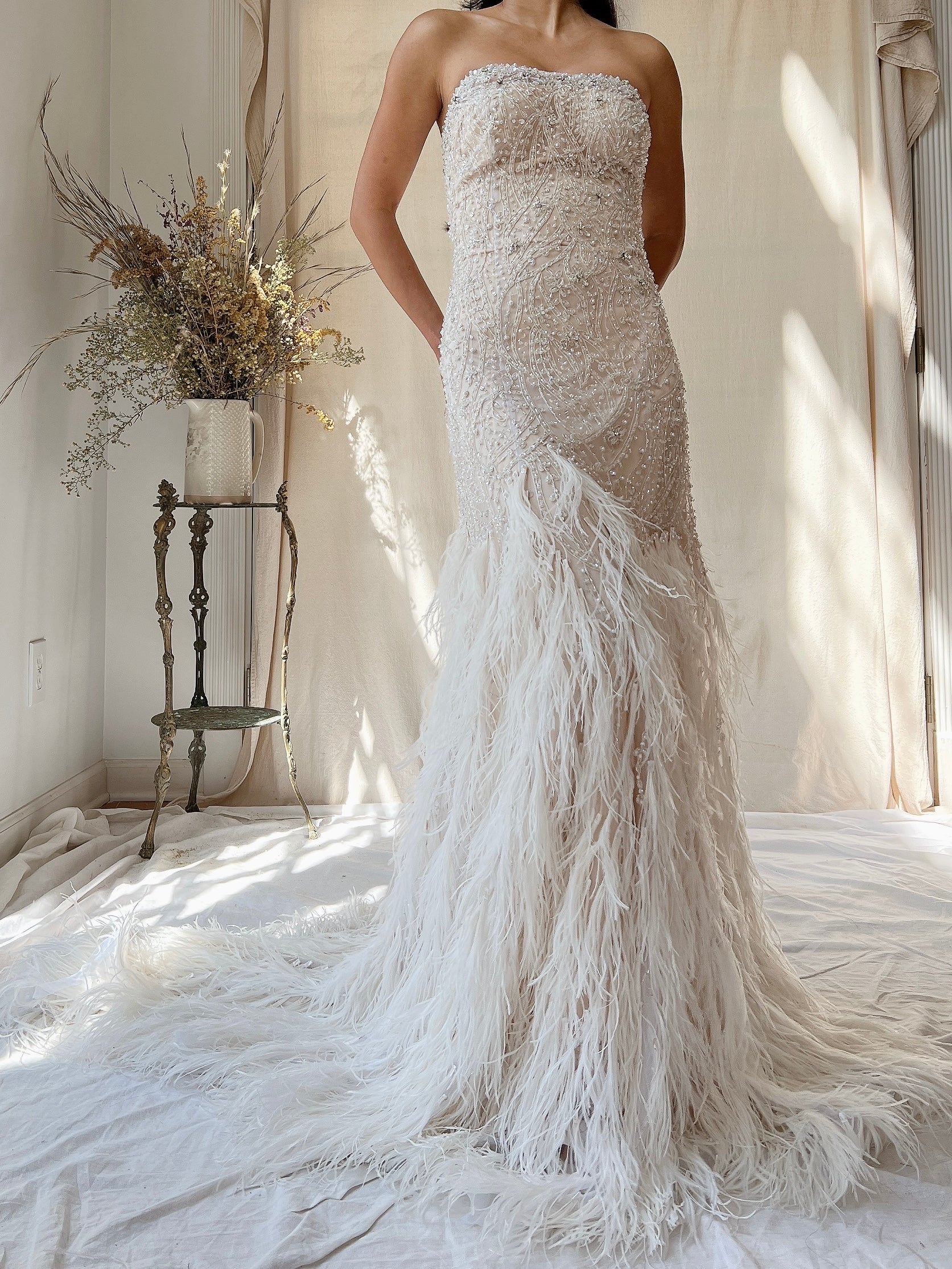1990s Glass Crystals Ostrich Feather Trained Gown - M