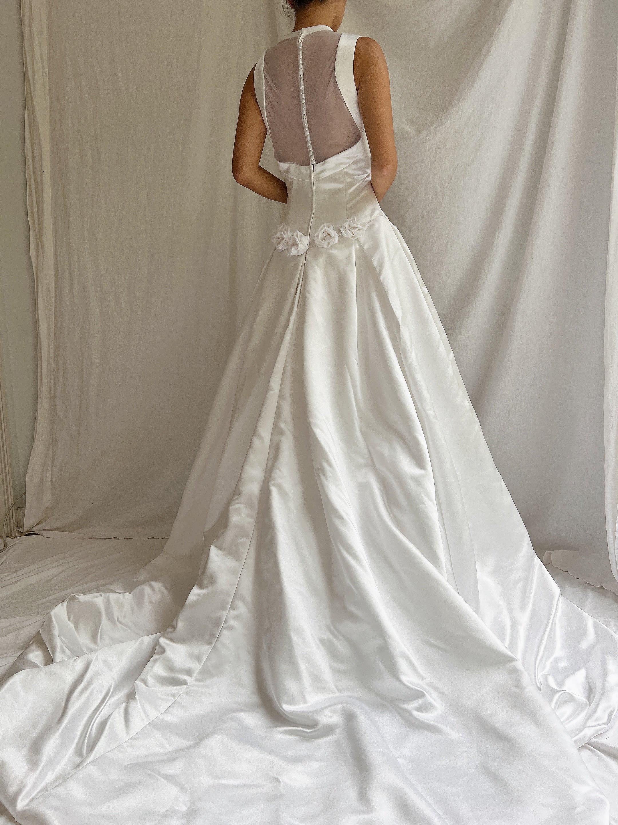 Vintage White Satin Illusion Gown - M/8