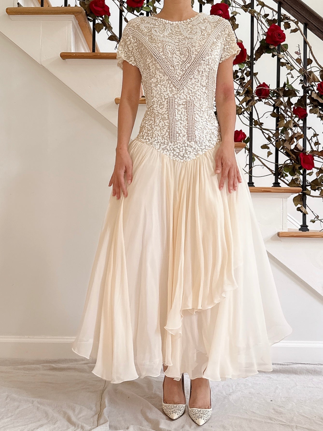 1980s Silk Chiffon Beaded Dress - 36B/30W/49L