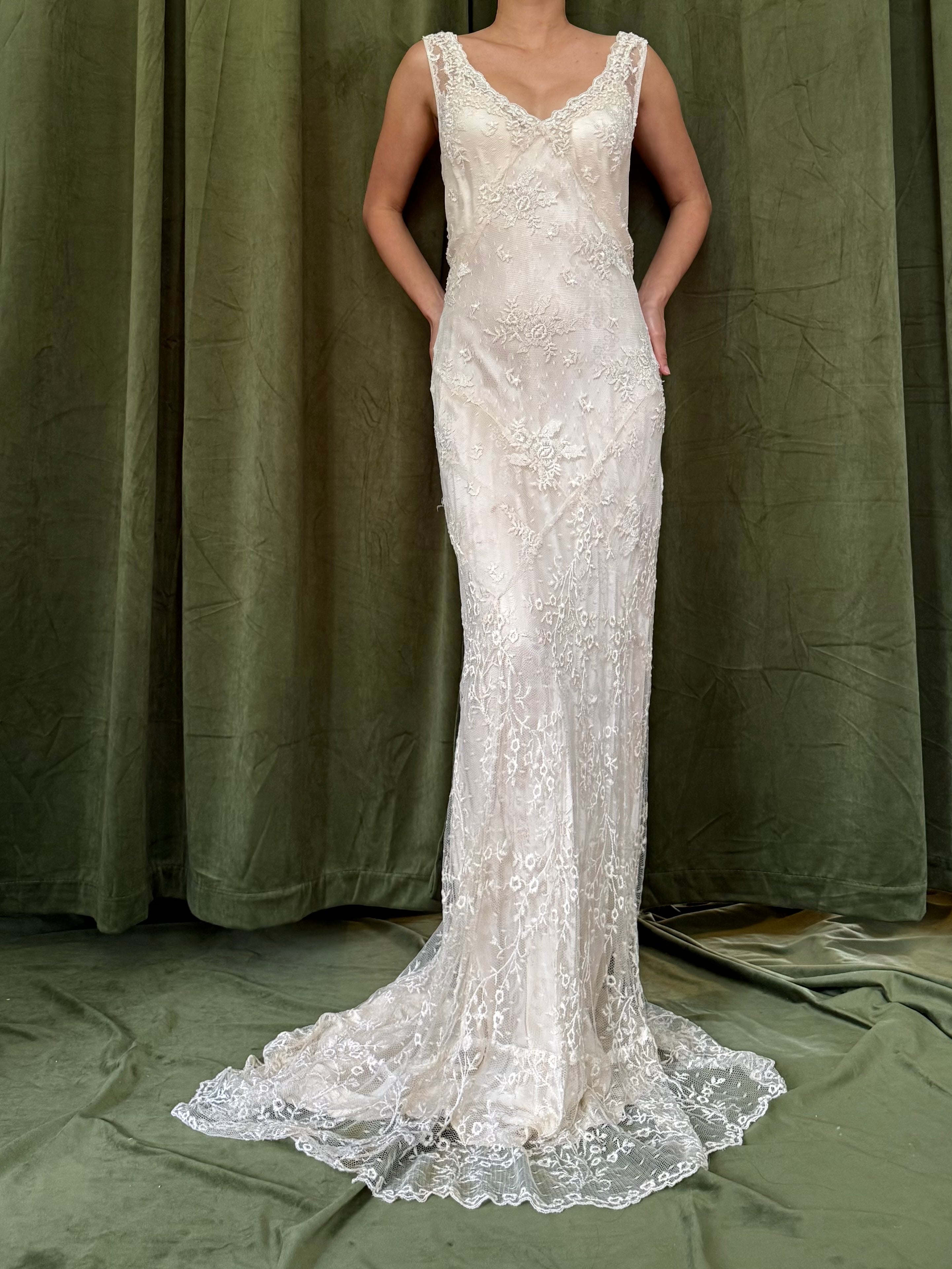Vintage Beaded French Lace Gown with Silk Slip - S/M
