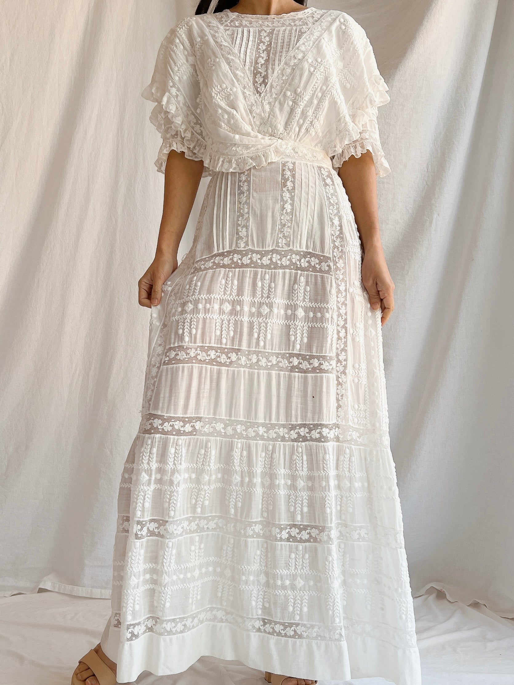 Edwardian Cotton Draped Bodice Lawn Dress - XS