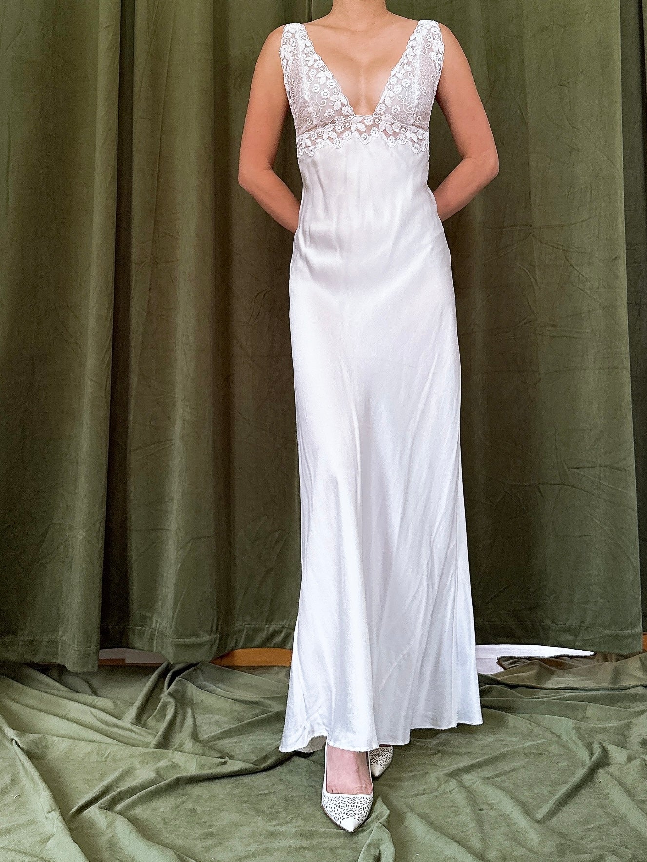 Vintage Embroidered Plunging Silk Slip - S