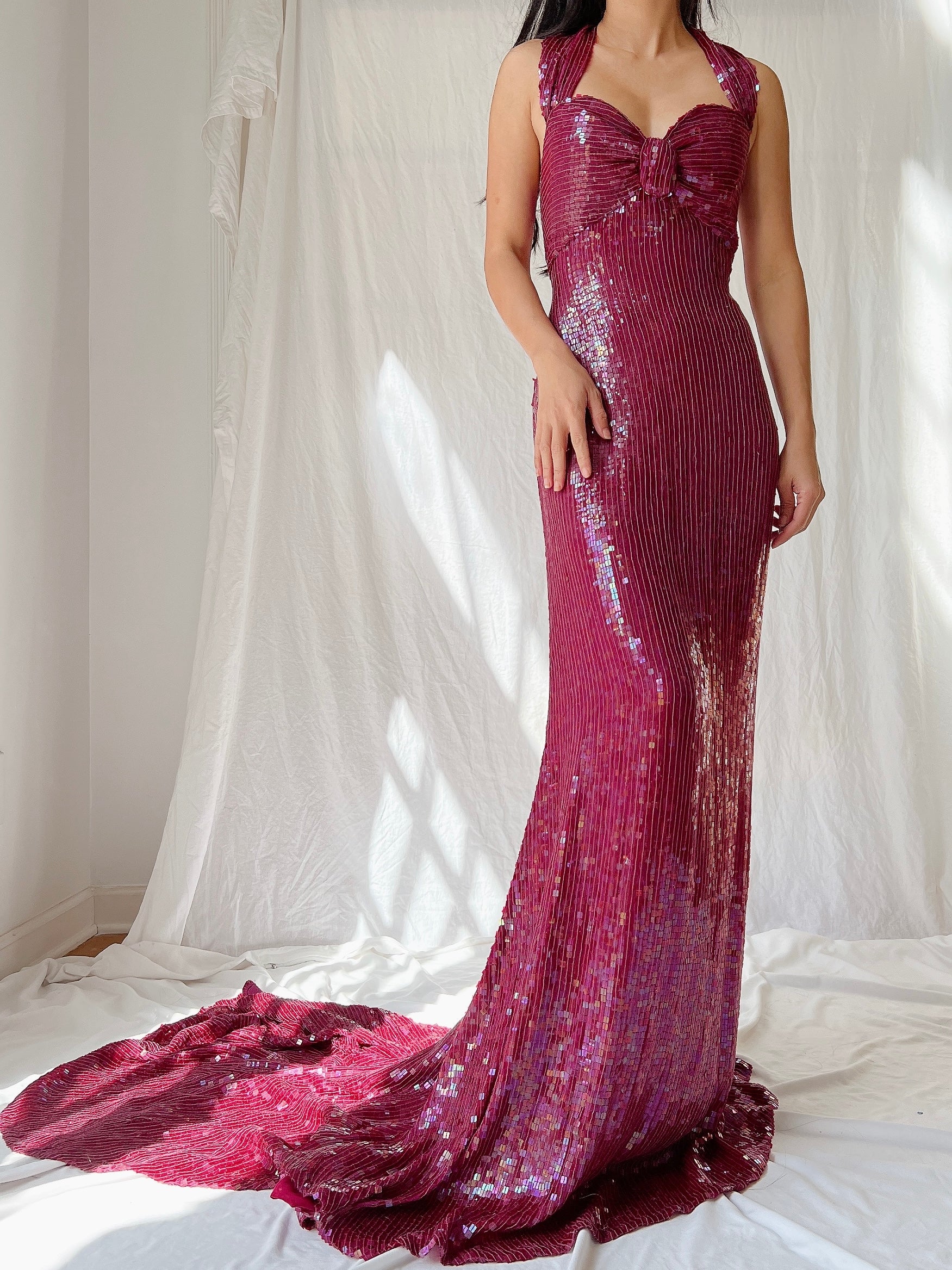 Vintage Ruby Silk Sequins Gown - L/US 12