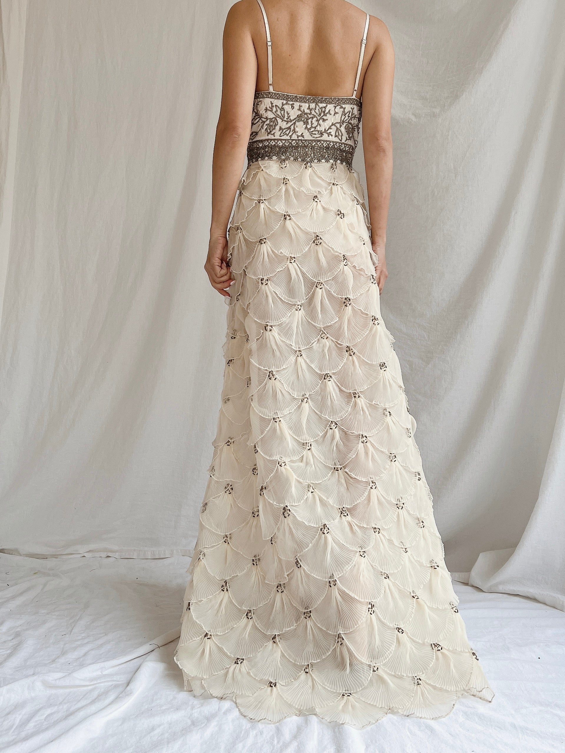 Vintage Pleated Petal Beaded Bodice Dress - S (US 4/6)