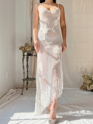 1990s Asymmetrical Hem Crochet Ivory Dress - S/M