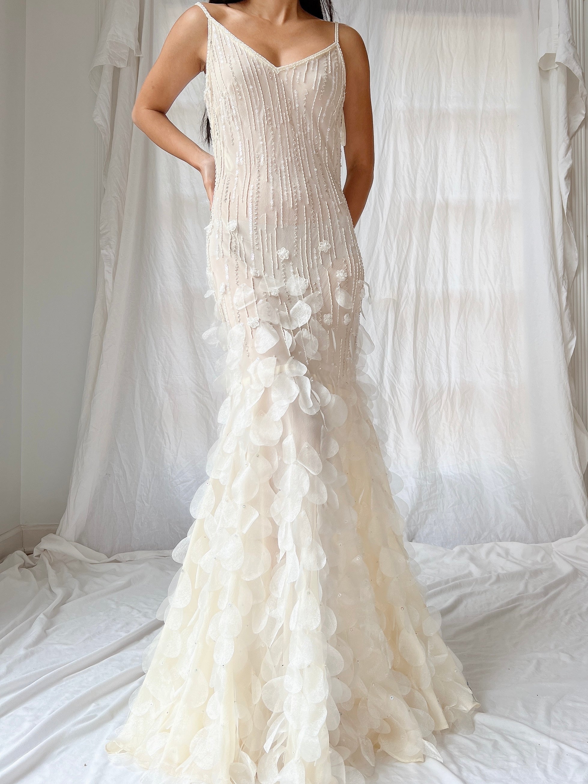 Vintage Chiffon Petal Beaded Dress - S/M